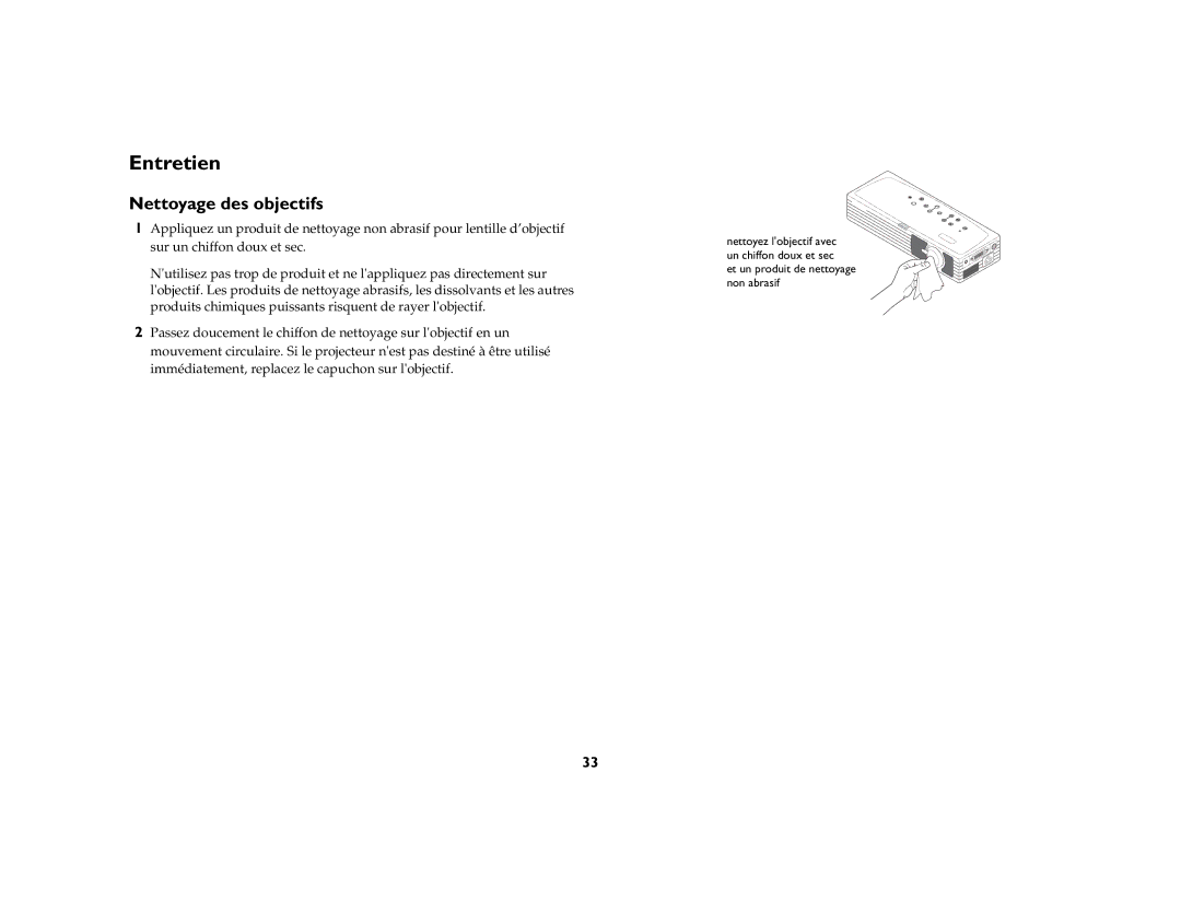 Toshiba TDP-P6 manual Entretien, Nettoyage des objectifs 