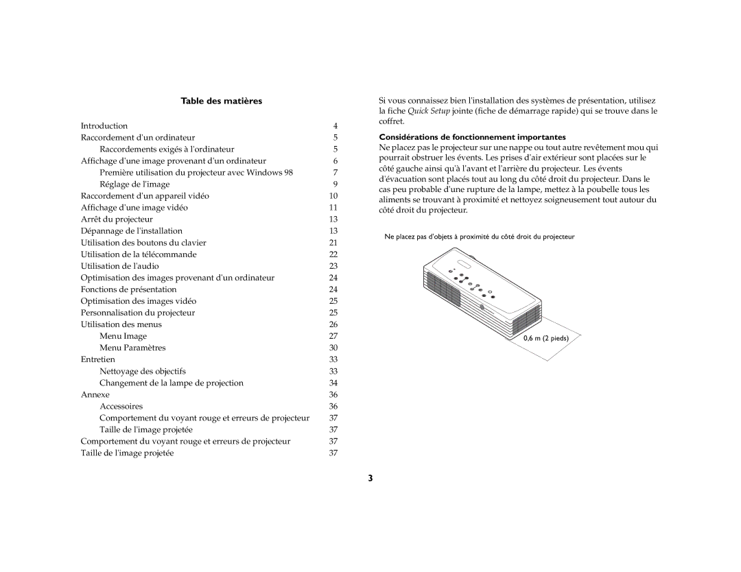 Toshiba TDP-P6 manual Table des matières, Considérations de fonctionnement importantes 