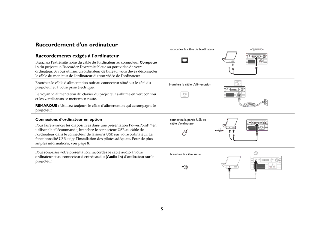 Toshiba TDP-P6 manual Raccordement dun ordinateur, Raccordements exigés à lordinateur, Connexions dordinateur en option 