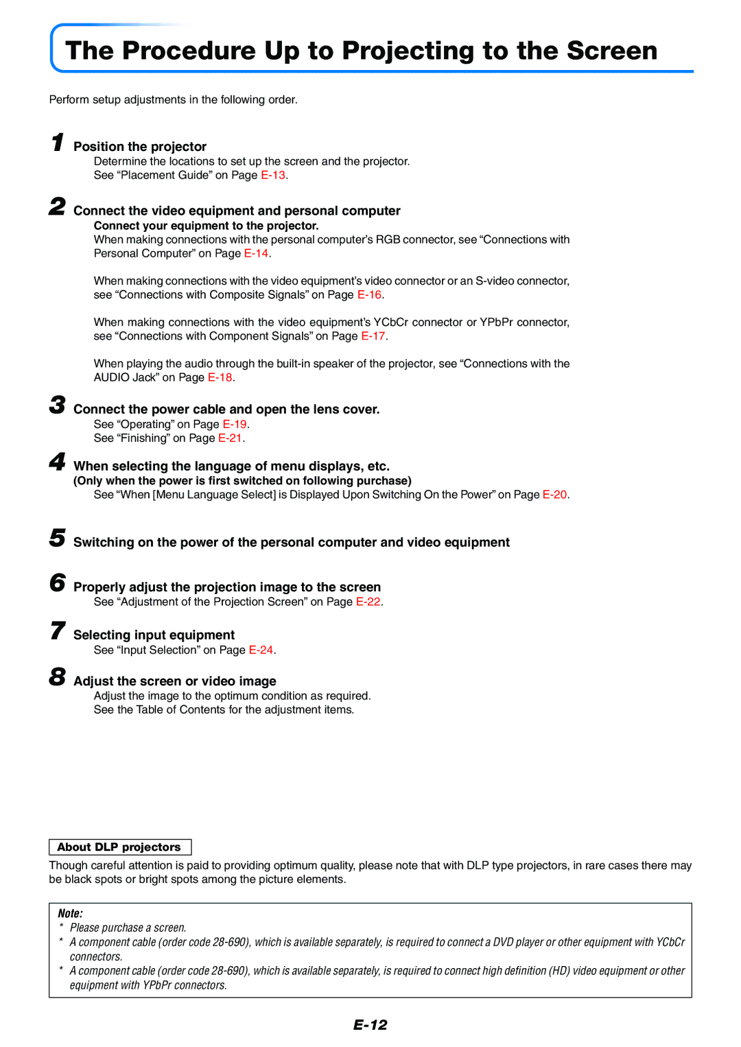 Toshiba TDP-P7 owner manual Procedure Up to Projecting to the Screen 