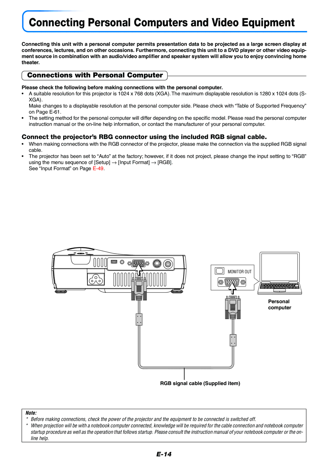 Toshiba TDP-P7 owner manual Connections with Personal Computer, Personal computer RGB signal cable Supplied item 