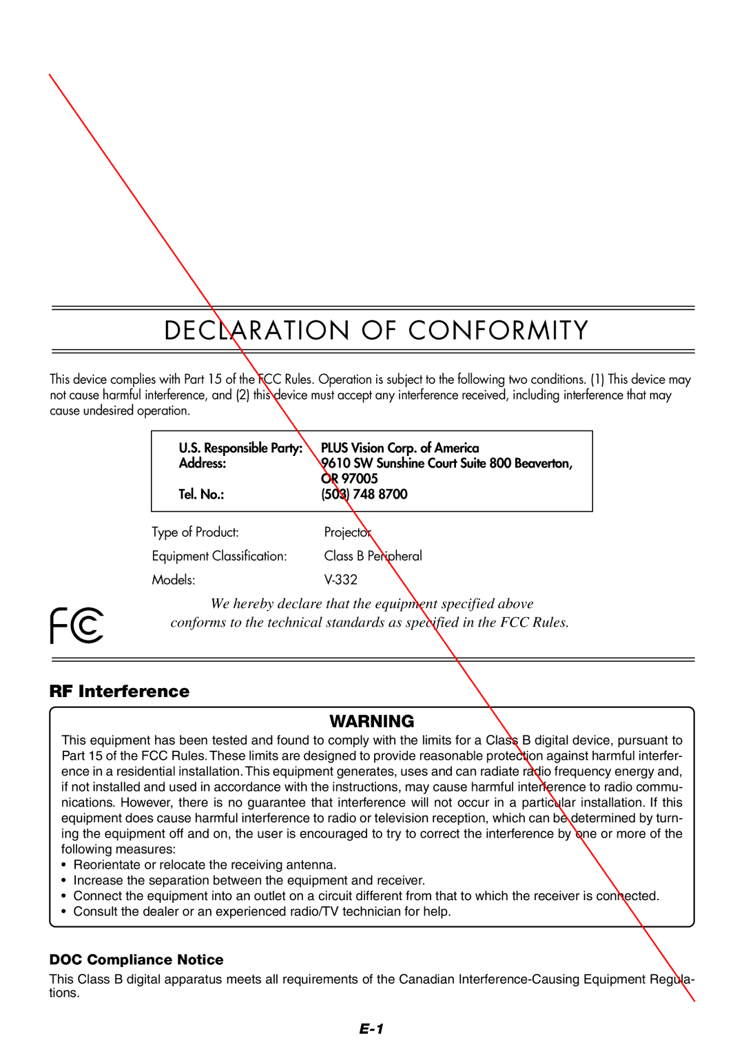 Toshiba TDP-P7 owner manual Declaration of Conformity, DOC Compliance Notice 