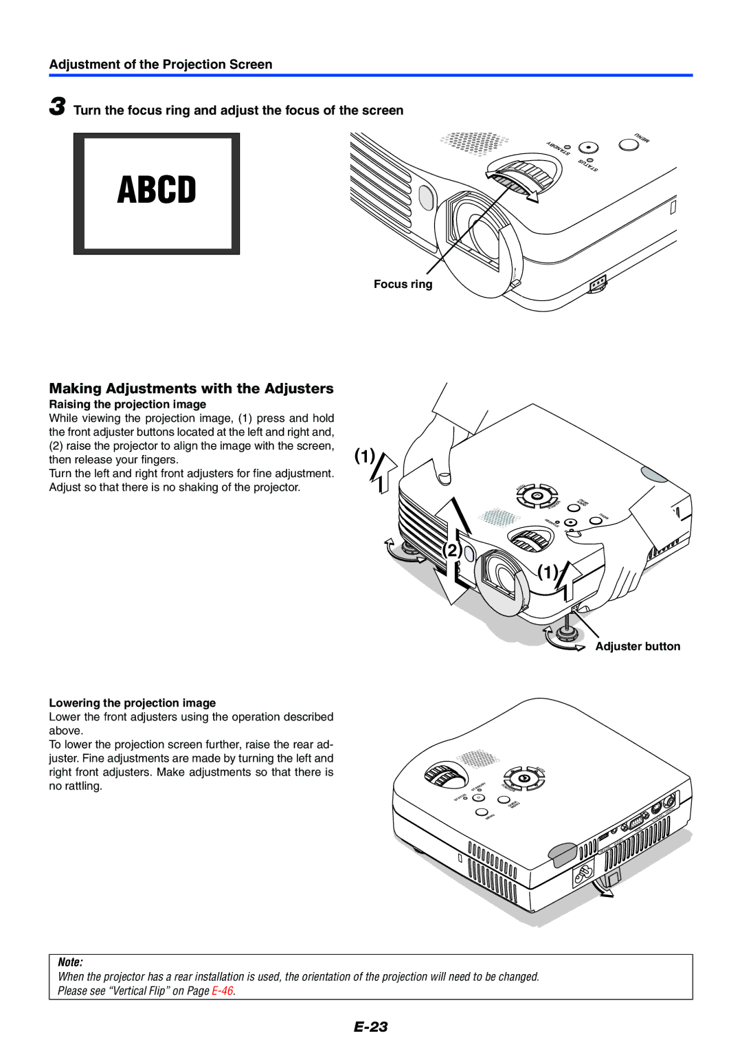 Toshiba TDP-P7 Making Adjustments with the Adjusters, Focus ring, Raising the projection image, Adjuster button 