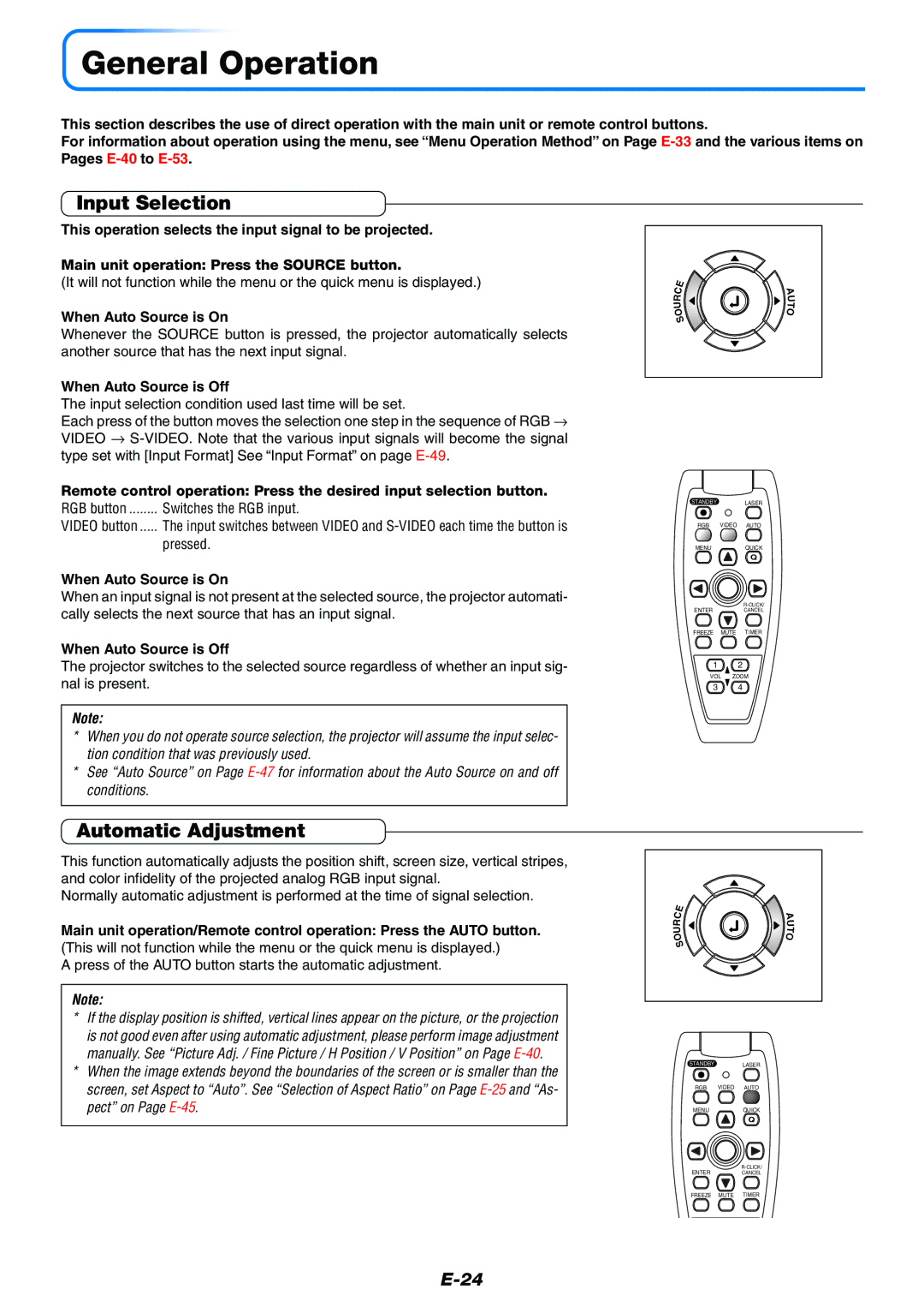 Toshiba TDP-P7 General Operation, Input Selection, Automatic Adjustment, When Auto Source is On, When Auto Source is Off 