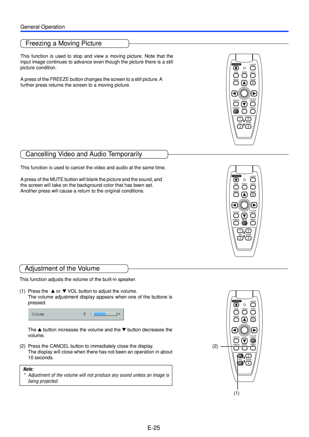 Toshiba TDP-P7 owner manual Freezing a Moving Picture, Cancelling Video and Audio Temporarily, Adjustment of the Volume 