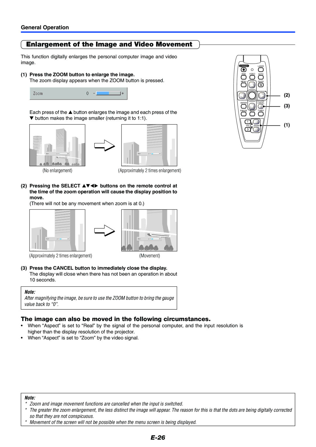 Toshiba TDP-P7 Enlargement of the Image and Video Movement, Image can also be moved in the following circumstances 