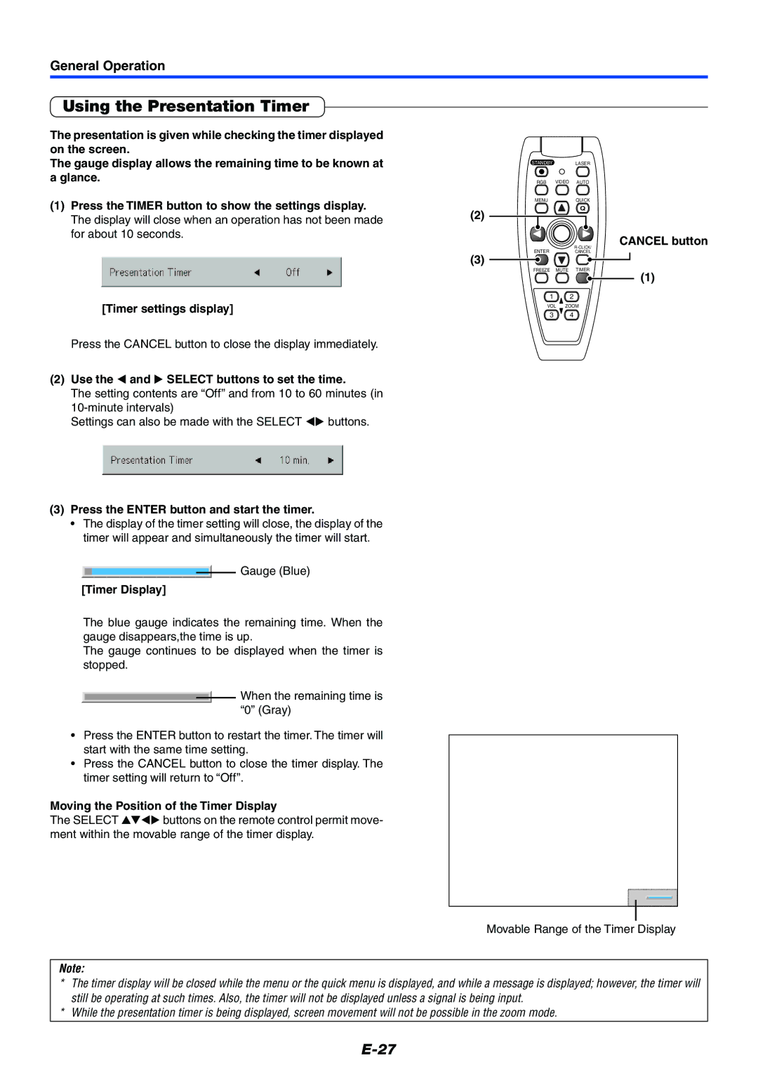 Toshiba TDP-P7 owner manual Using the Presentation Timer 