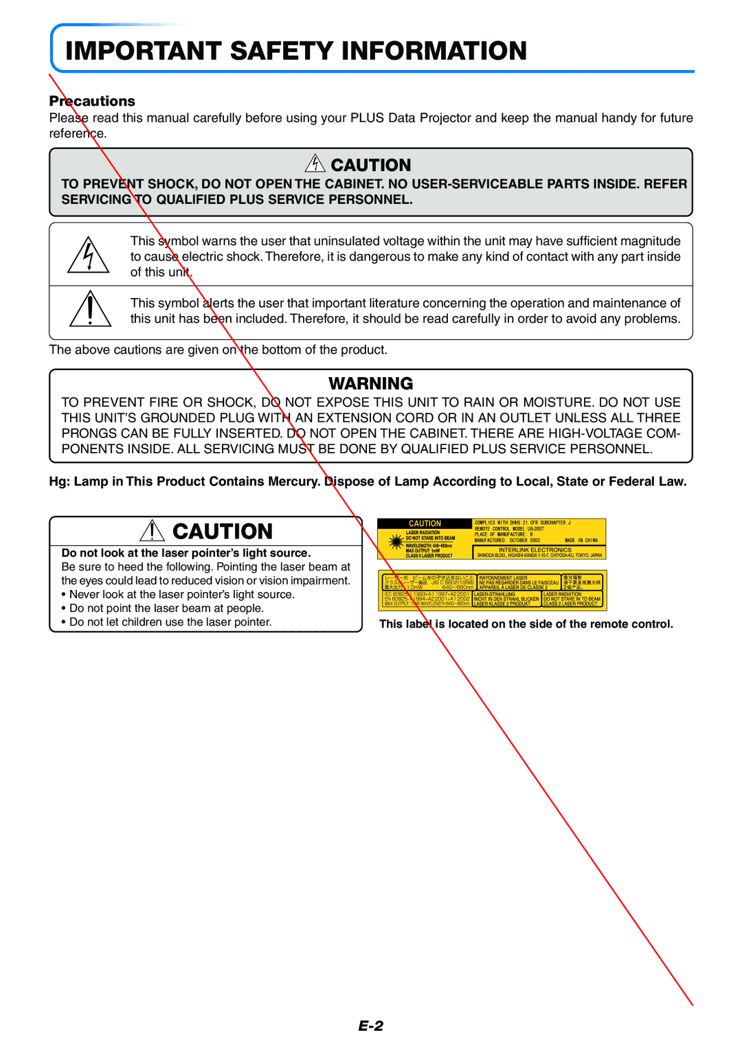 Toshiba TDP-P7 owner manual Precautions, Do not look at the laser pointer’s light source 