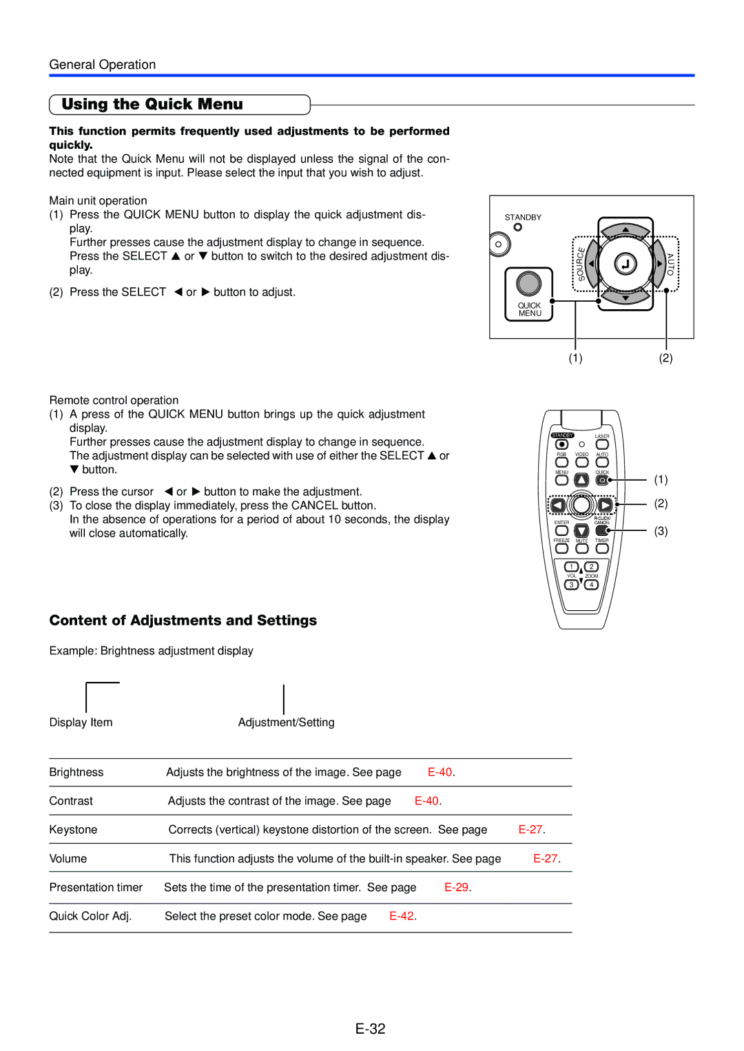 Toshiba TDP-P7 Using the Quick Menu, Content of Adjustments and Settings, Press the Select or button to adjust, Volume 