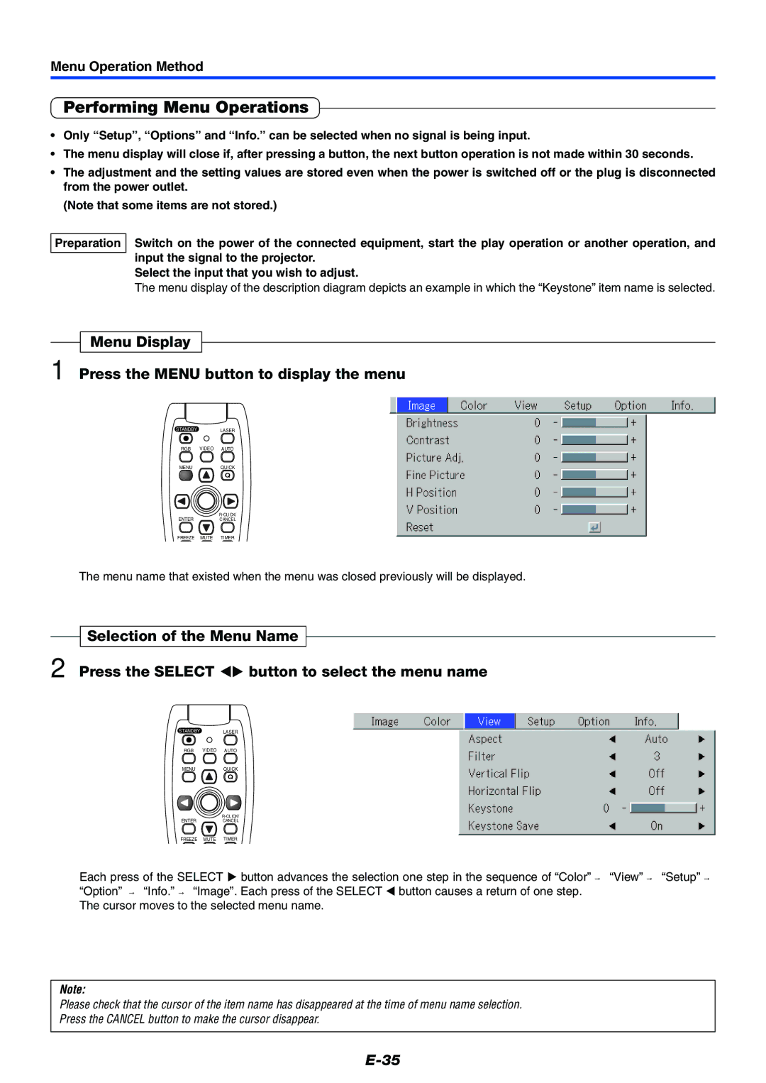 Toshiba TDP-P7 owner manual Performing Menu Operations, Menu Display Press the Menu button to display the menu 