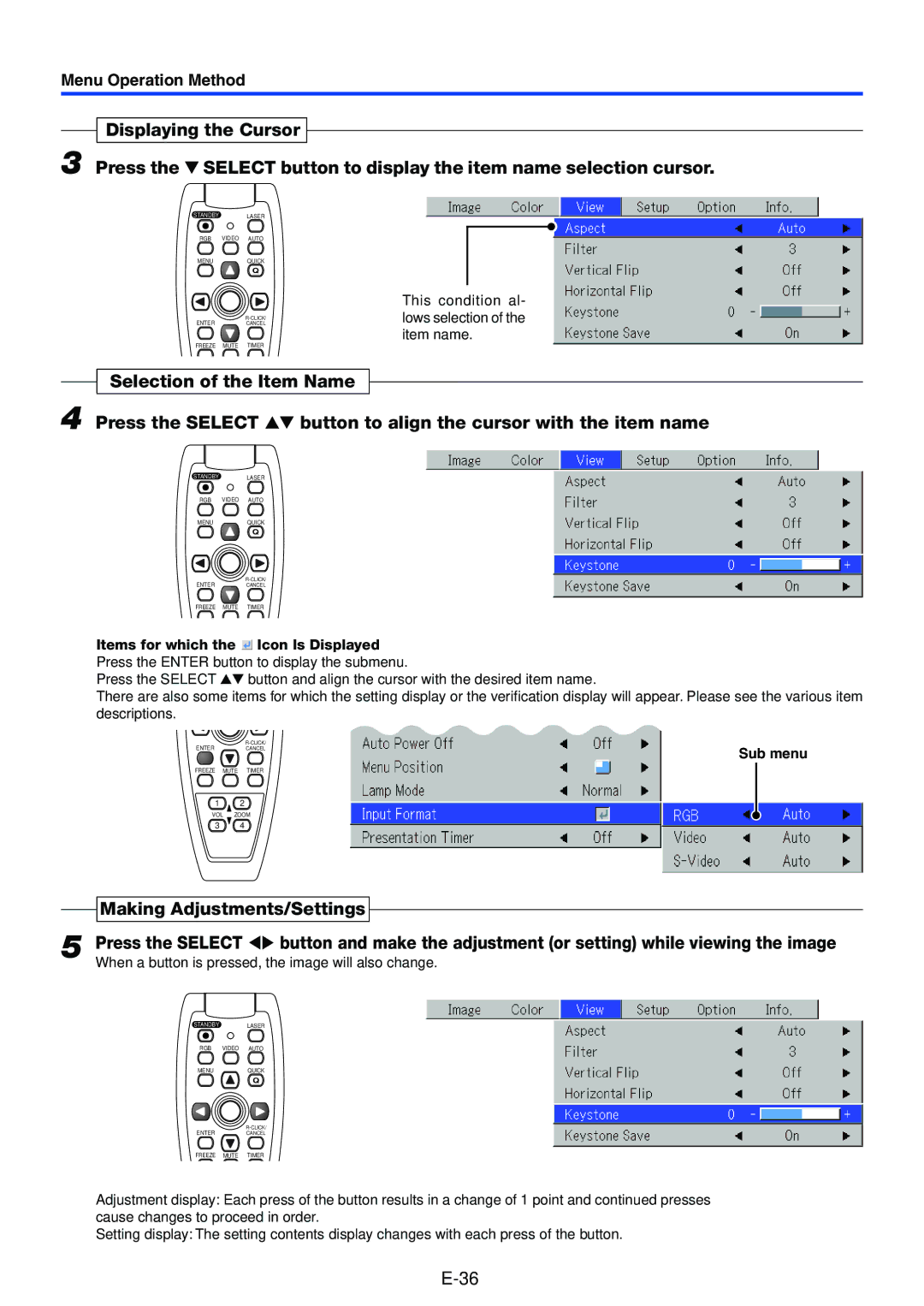 Toshiba TDP-P7 owner manual Making Adjustments/Settings, Sub menu 