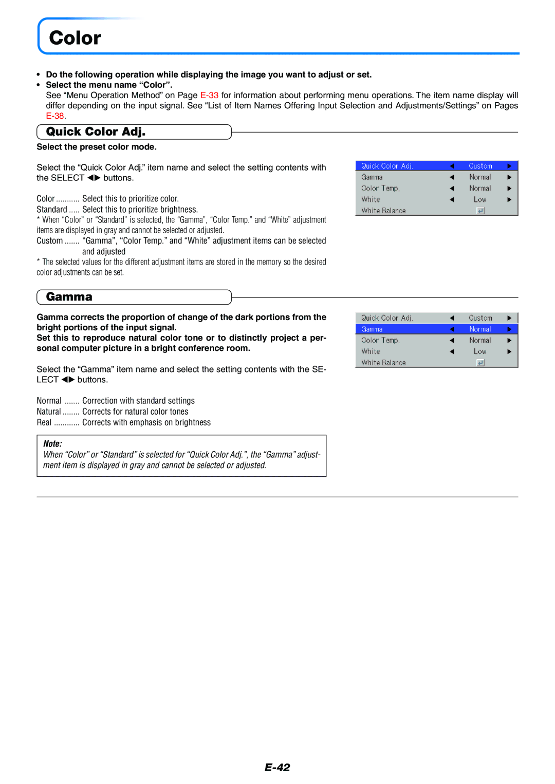 Toshiba TDP-P7 owner manual Quick Color Adj, Gamma, Select the preset color mode 