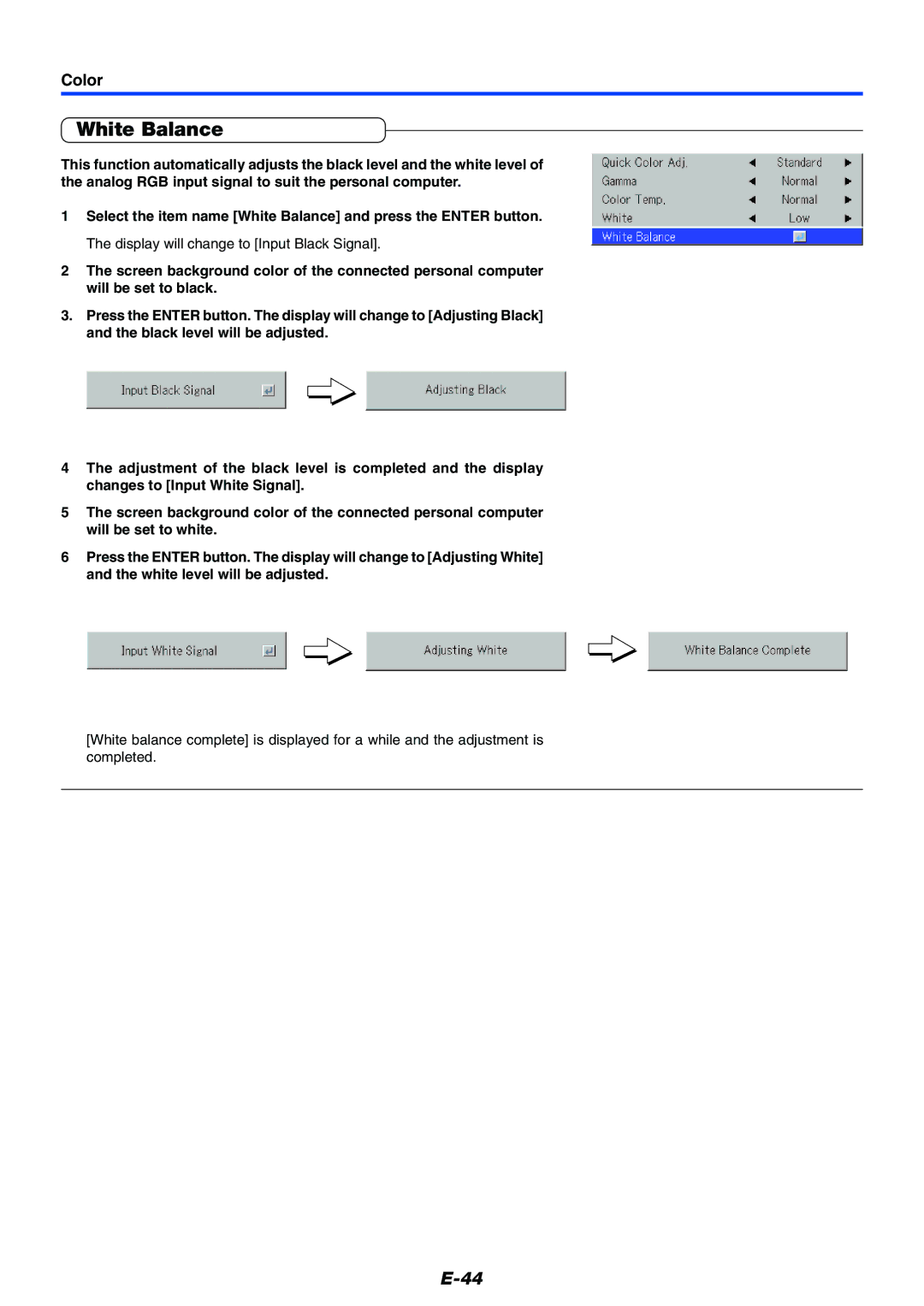 Toshiba TDP-P7 owner manual White Balance 