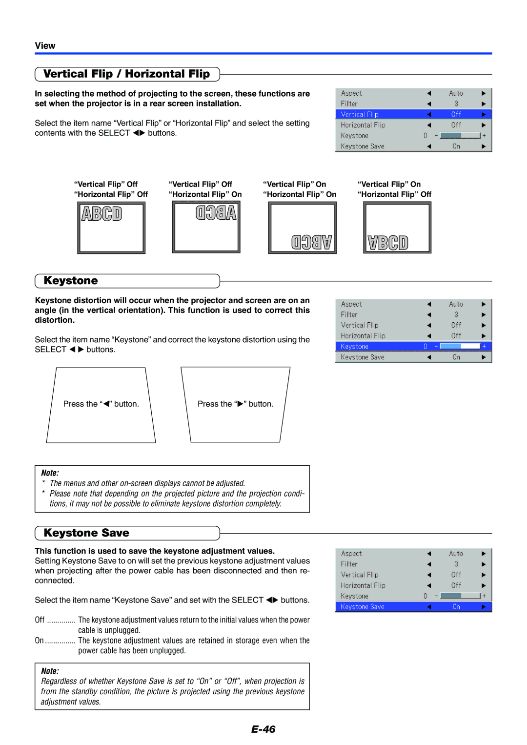 Toshiba TDP-P7 owner manual Vertical Flip / Horizontal Flip, Keystone Save, View 