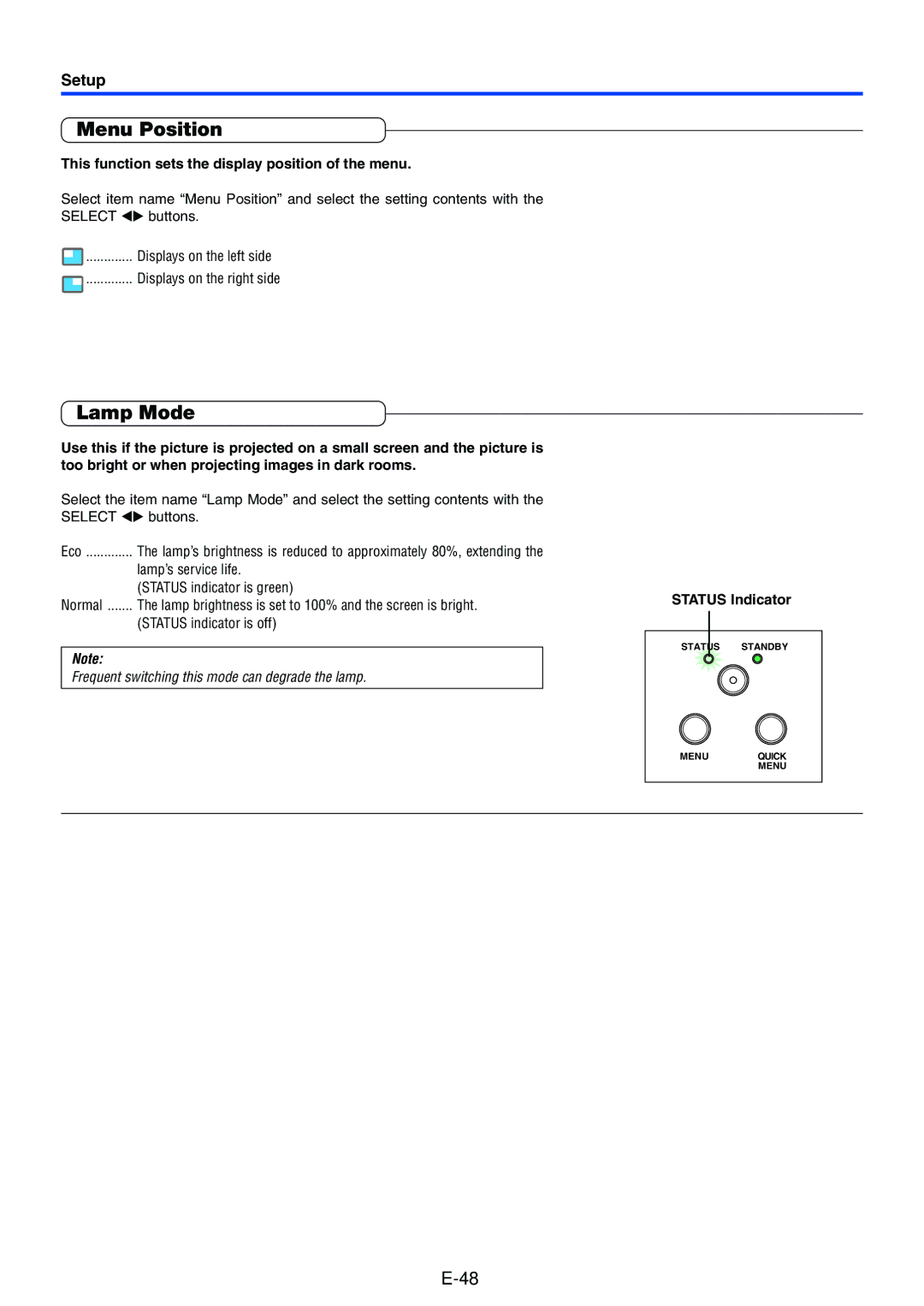 Toshiba TDP-P7 Menu Position, Lamp Mode, Setup, This function sets the display position of the menu, Status Indicator 