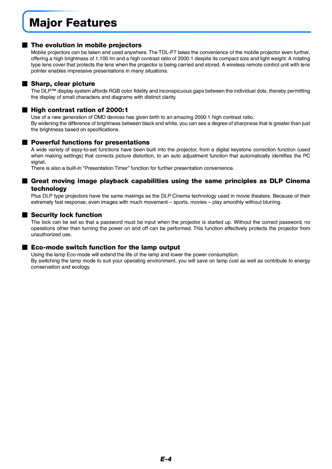 Toshiba TDP-P7 owner manual Major Features 