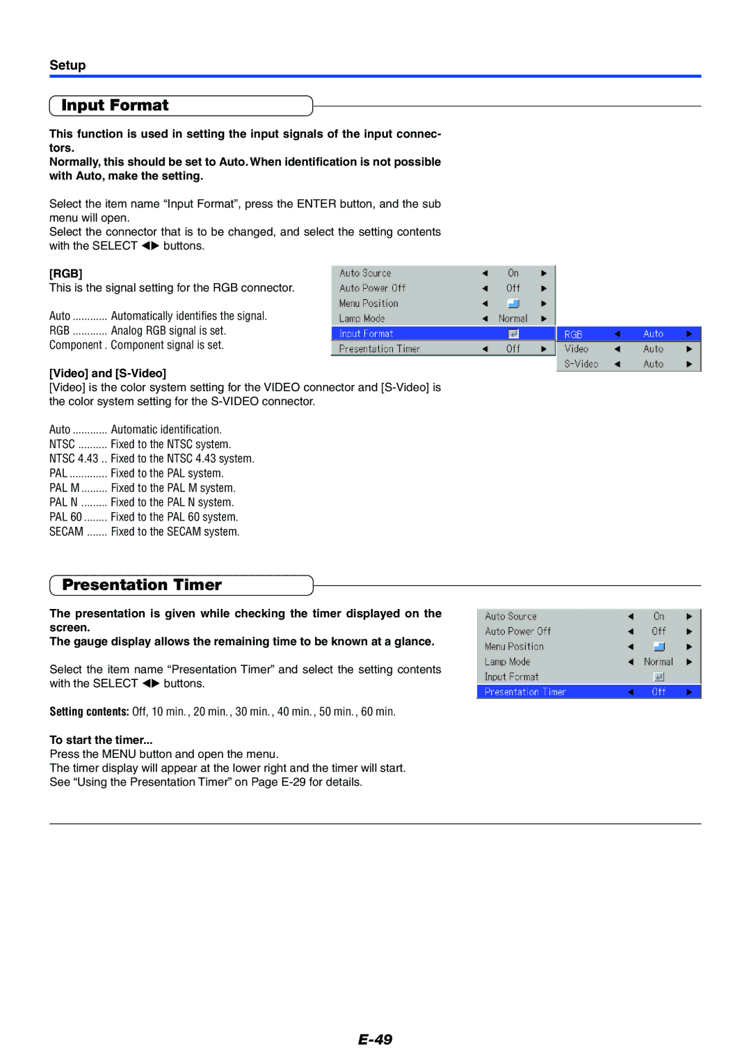 Toshiba TDP-P7 owner manual Input Format, Presentation Timer, Video and S-Video, To start the timer 