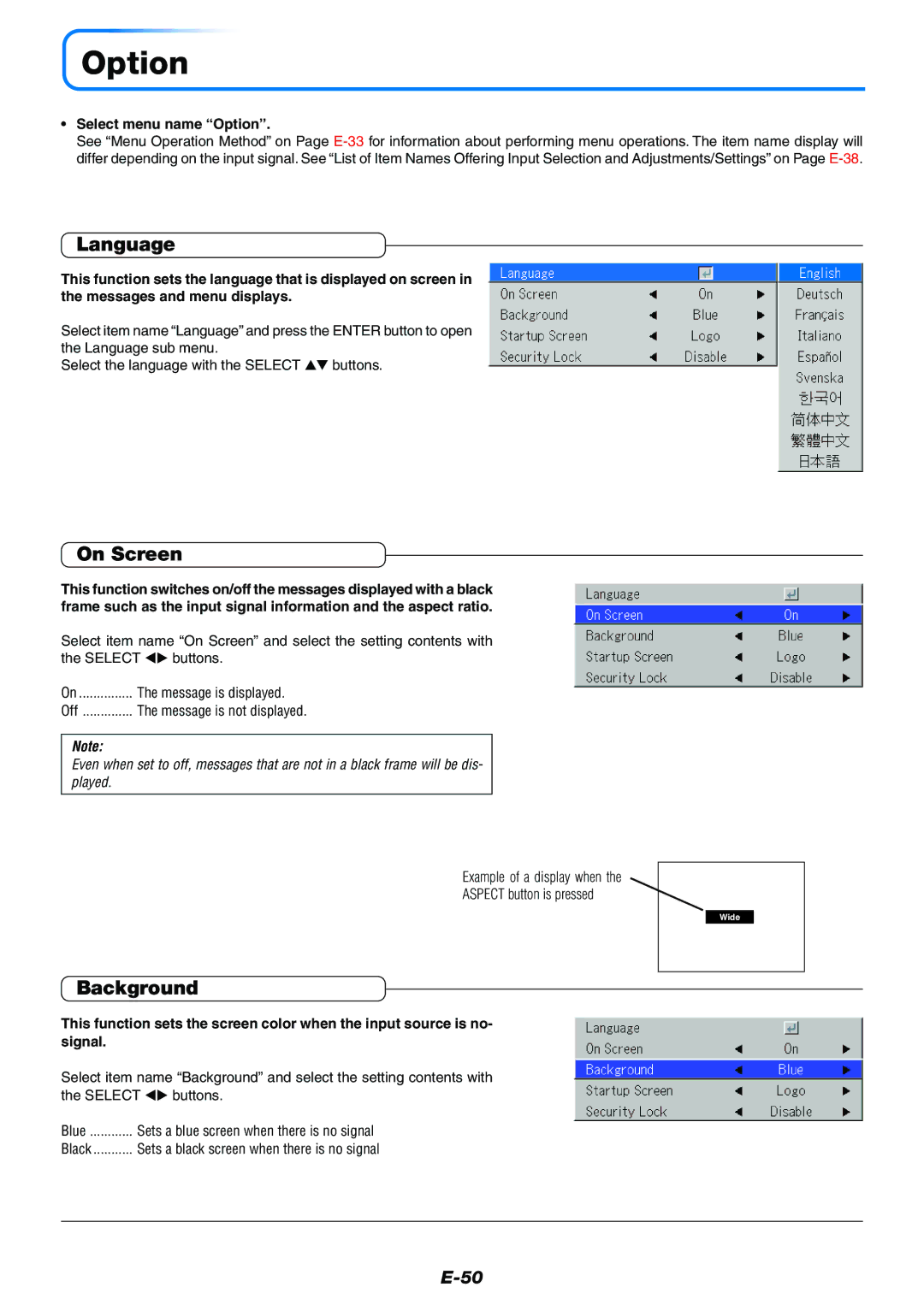 Toshiba TDP-P7 owner manual Language, On Screen, Background, Select menu name Option 