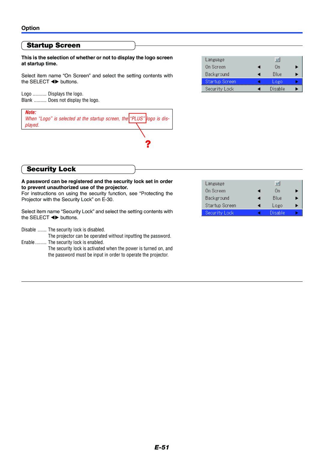 Toshiba TDP-P7 owner manual Startup Screen, Security Lock, Option 