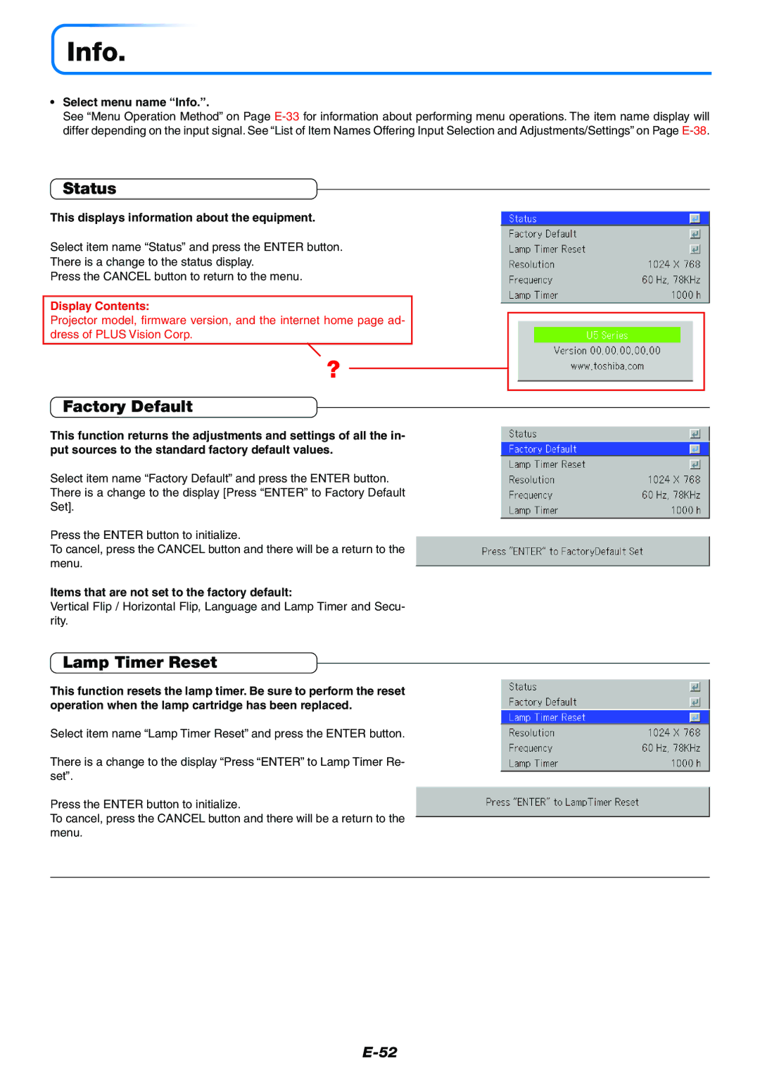 Toshiba TDP-P7 owner manual Info, Status, Factory Default, Lamp Timer Reset 