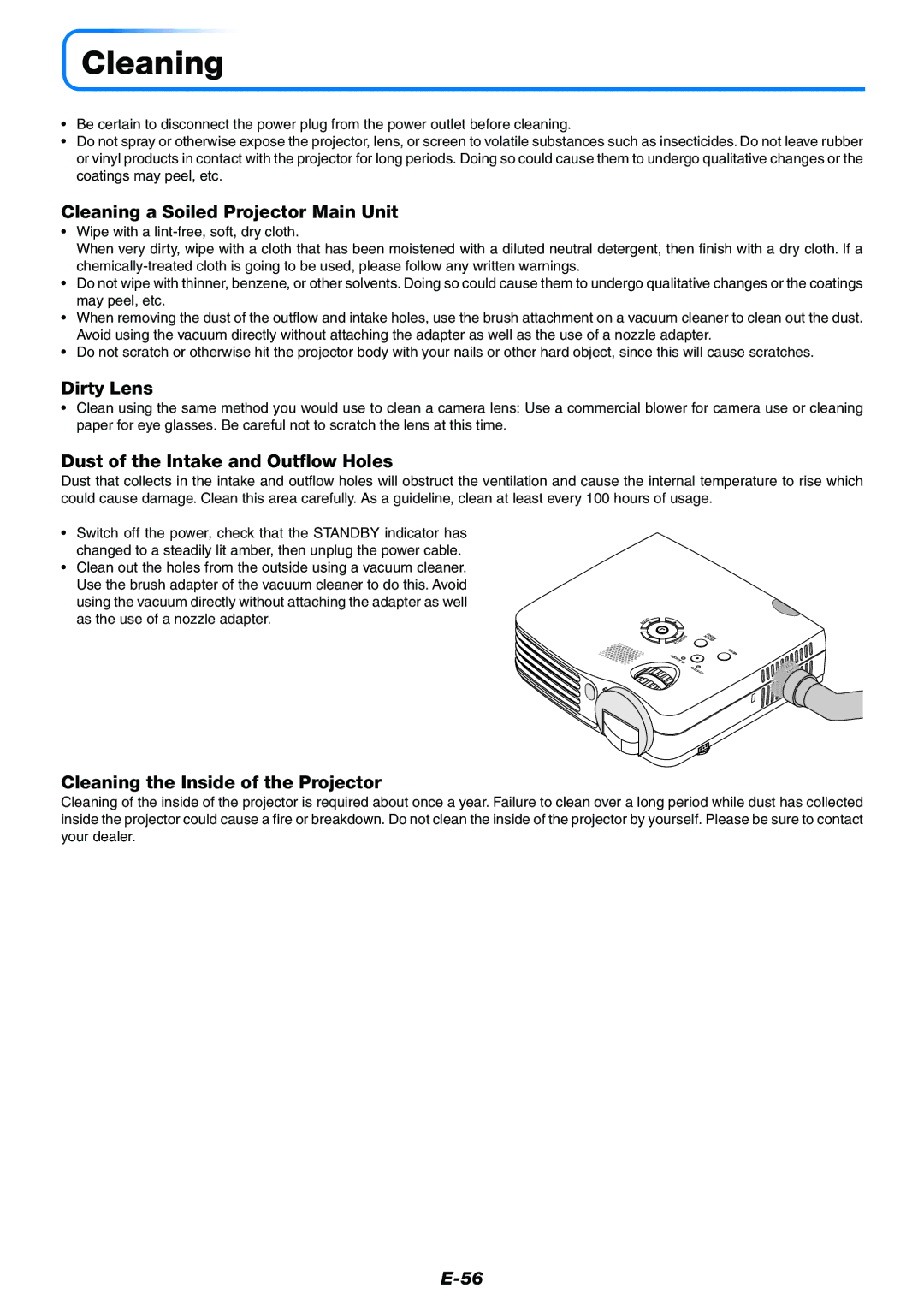 Toshiba TDP-P7 owner manual Cleaning a Soiled Projector Main Unit, Dirty Lens, Dust of the Intake and Outflow Holes 