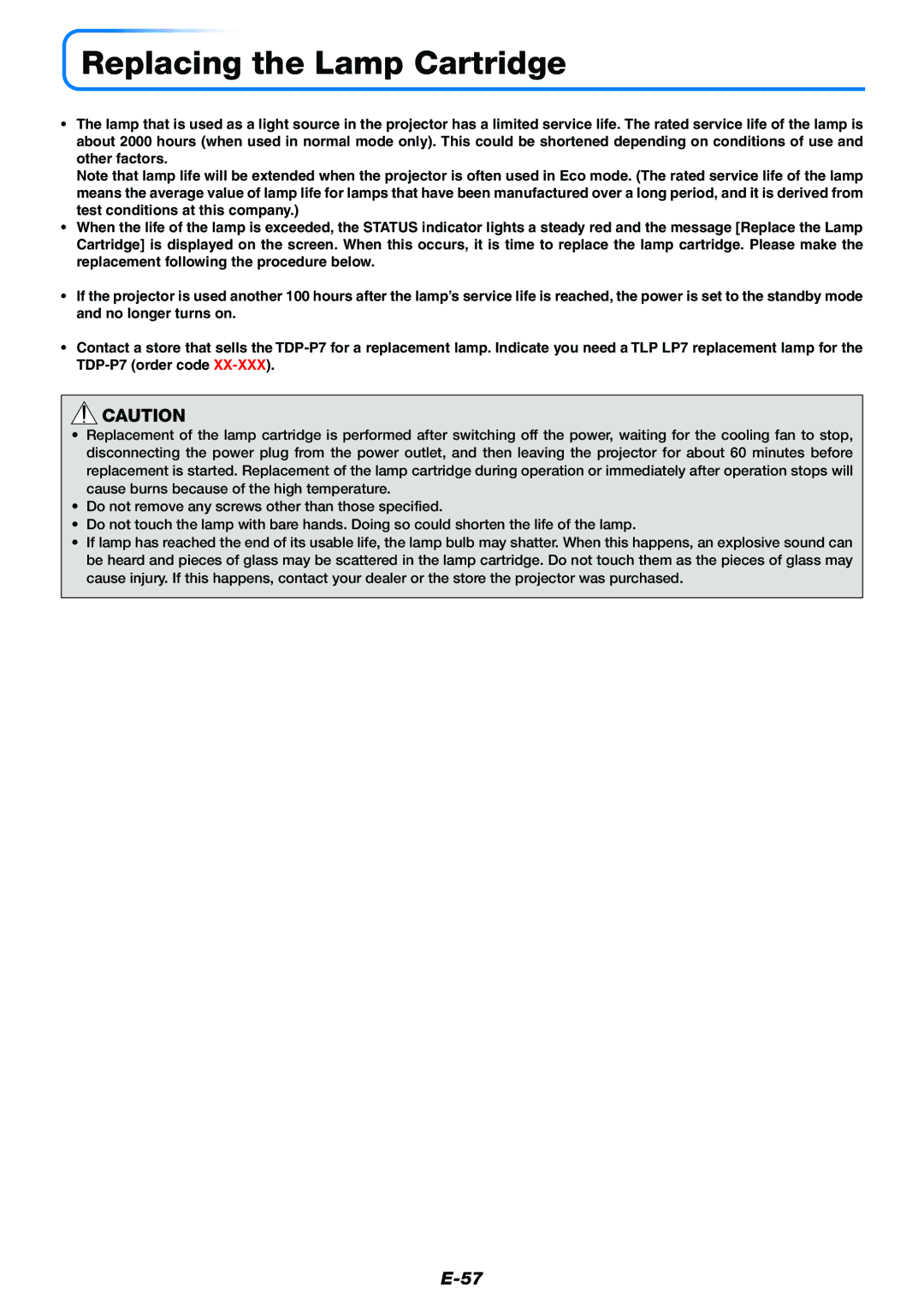 Toshiba TDP-P7 owner manual Replacing the Lamp Cartridge 