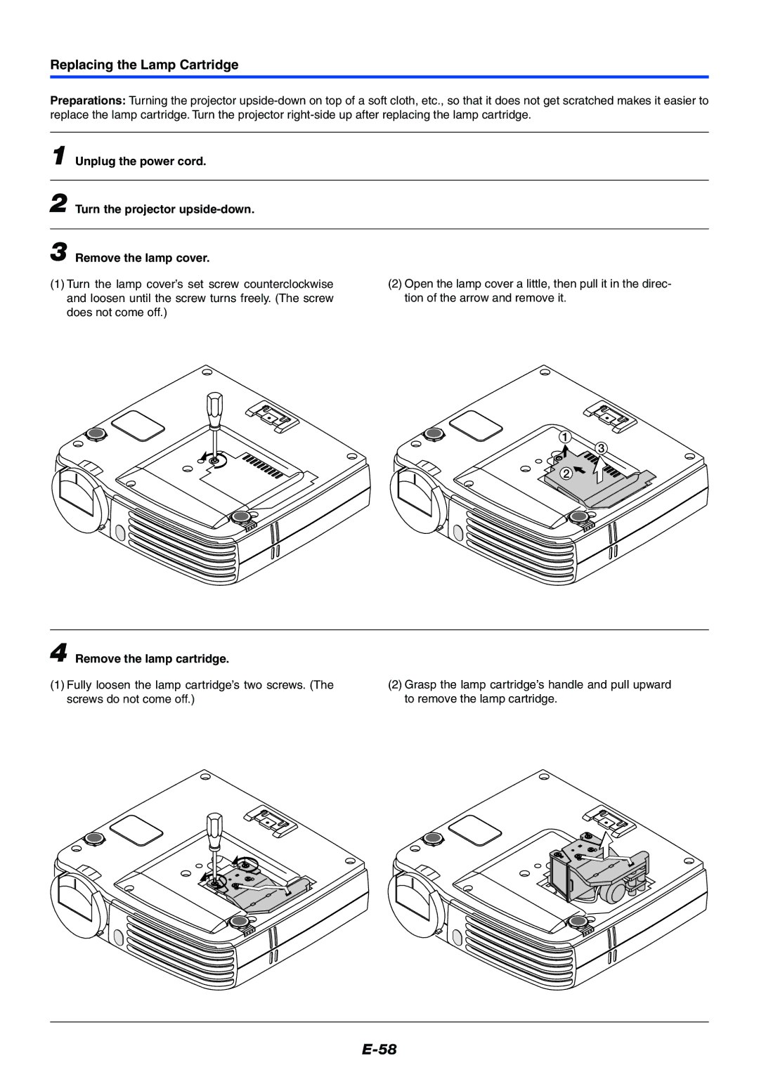 Toshiba TDP-P7 owner manual Replacing the Lamp Cartridge, Remove the lamp cartridge 