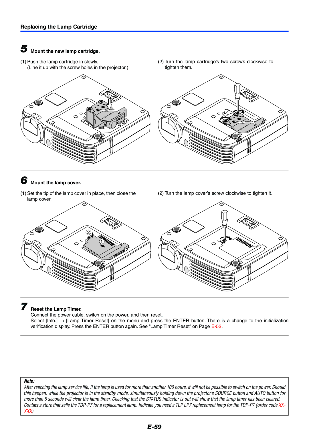 Toshiba TDP-P7 owner manual Mount the new lamp cartridge, Mount the lamp cover, Reset the Lamp Timer 