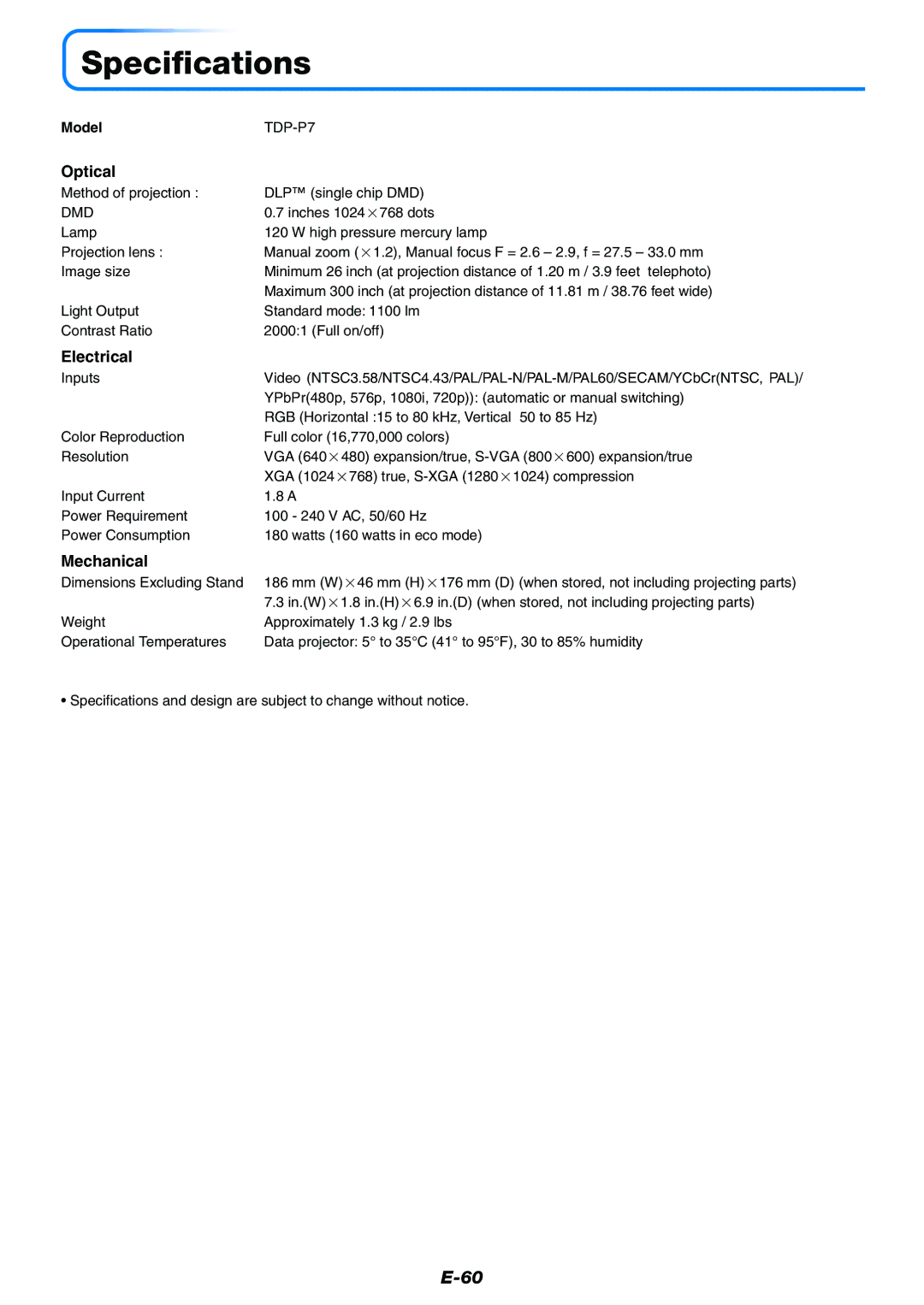 Toshiba TDP-P7 owner manual Specifications, Optical, Electrical, Mechanical 