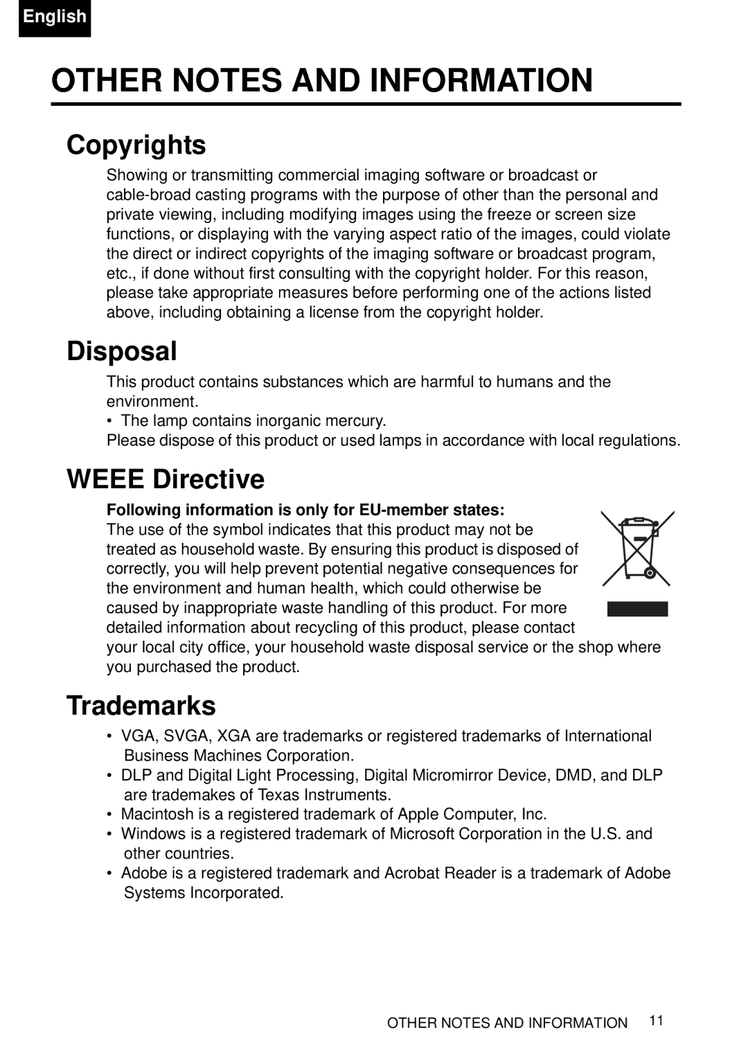 Toshiba TDP-P75 owner manual Other Notes and Information, Copyrights 