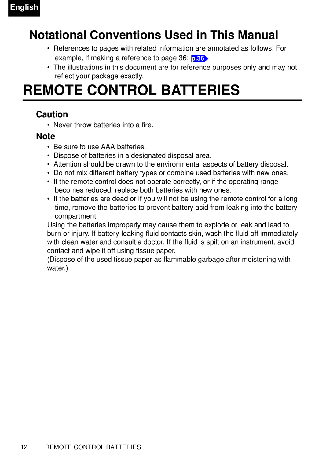 Toshiba TDP-P75 owner manual Remote Control Batteries, Notational Conventions Used in This Manual 