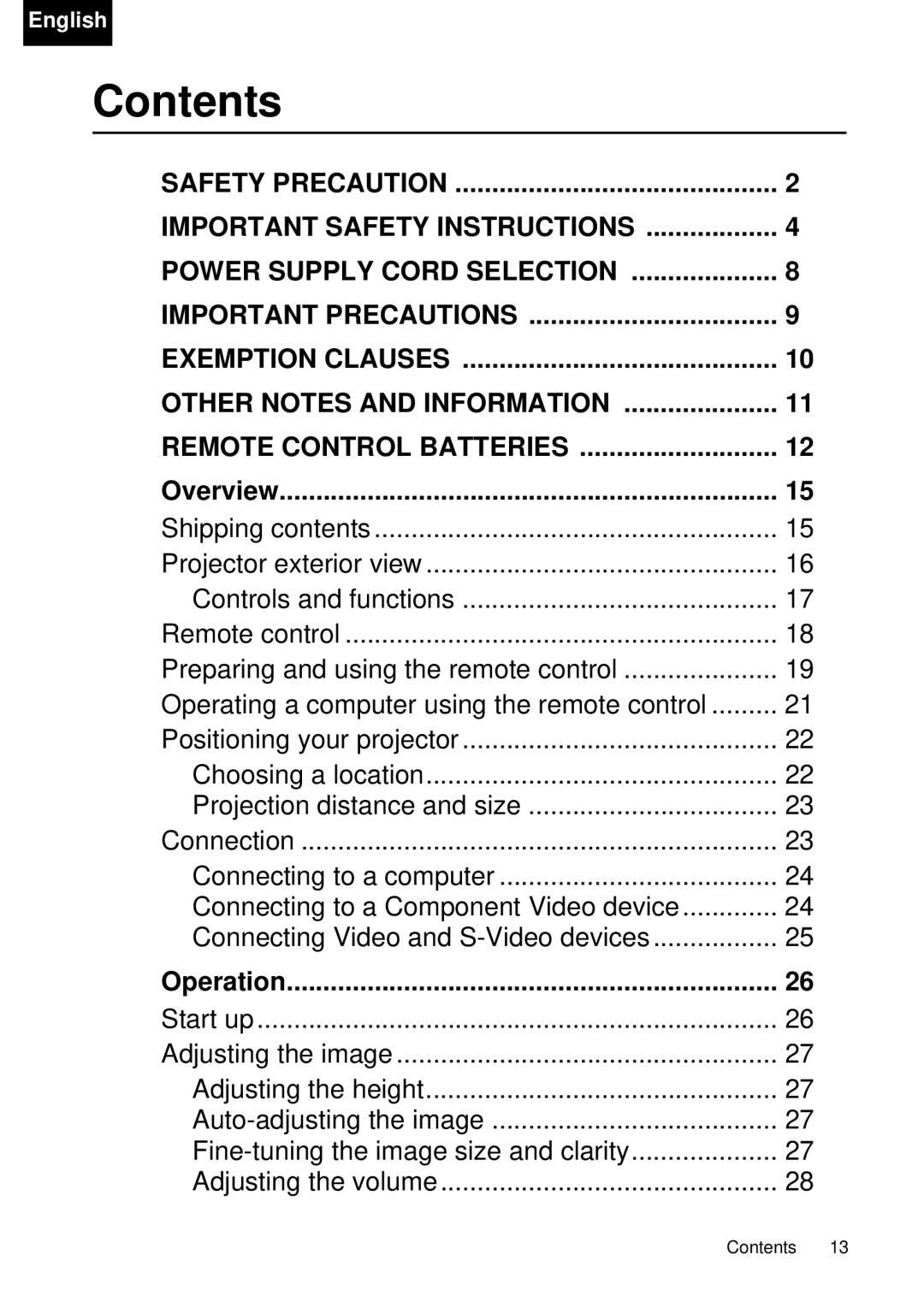 Toshiba TDP-P75 owner manual Contents 