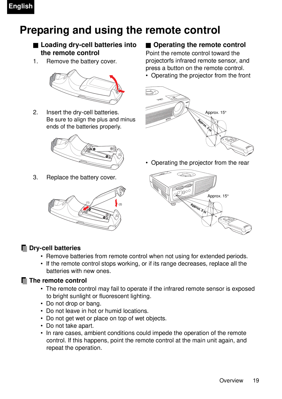 Toshiba TDP-P75 Preparing and using the remote control, Loading dry-cell batteries into the remote control, Remote control 