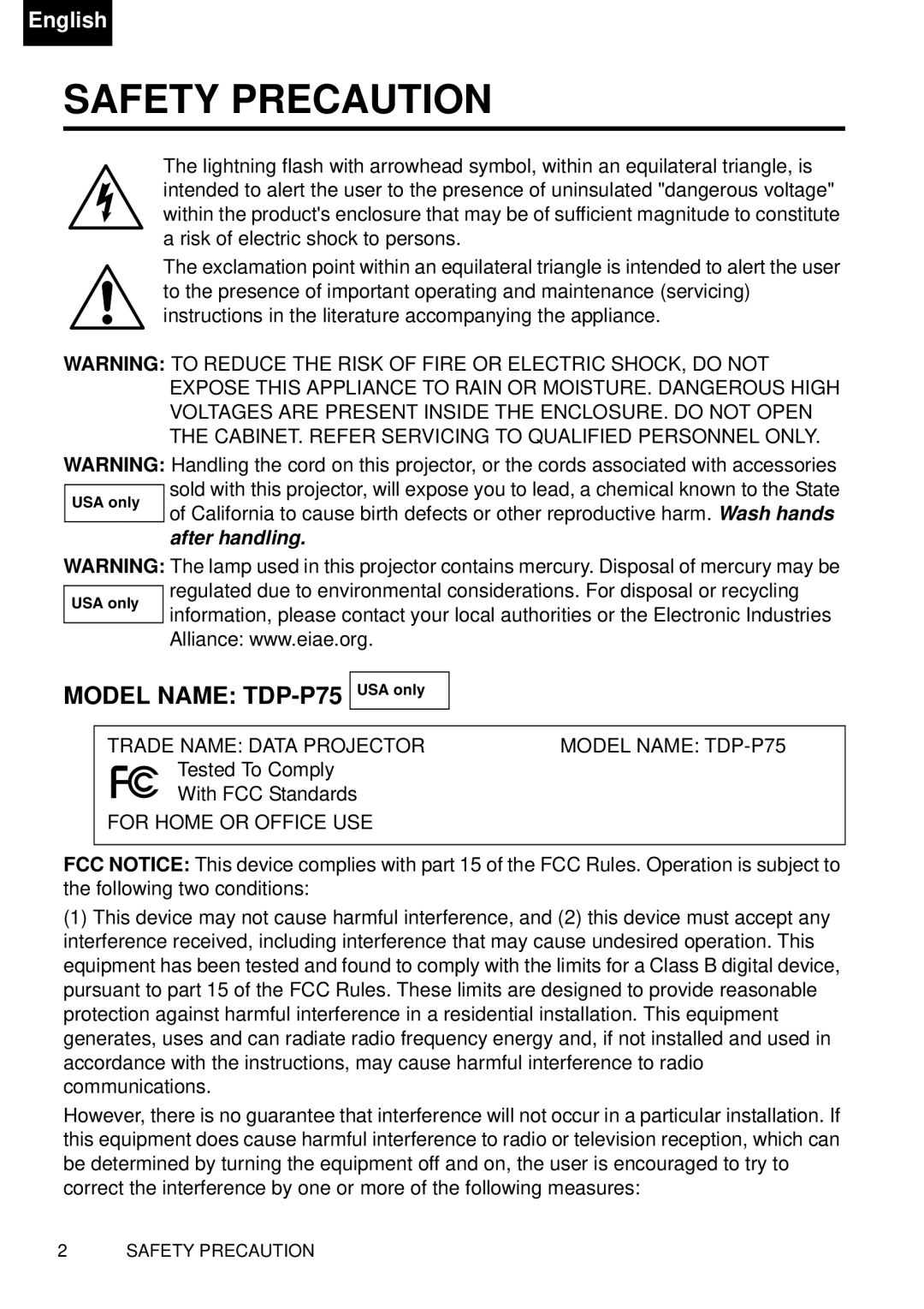 Toshiba owner manual Safety Precaution, Model Name TDP-P75 