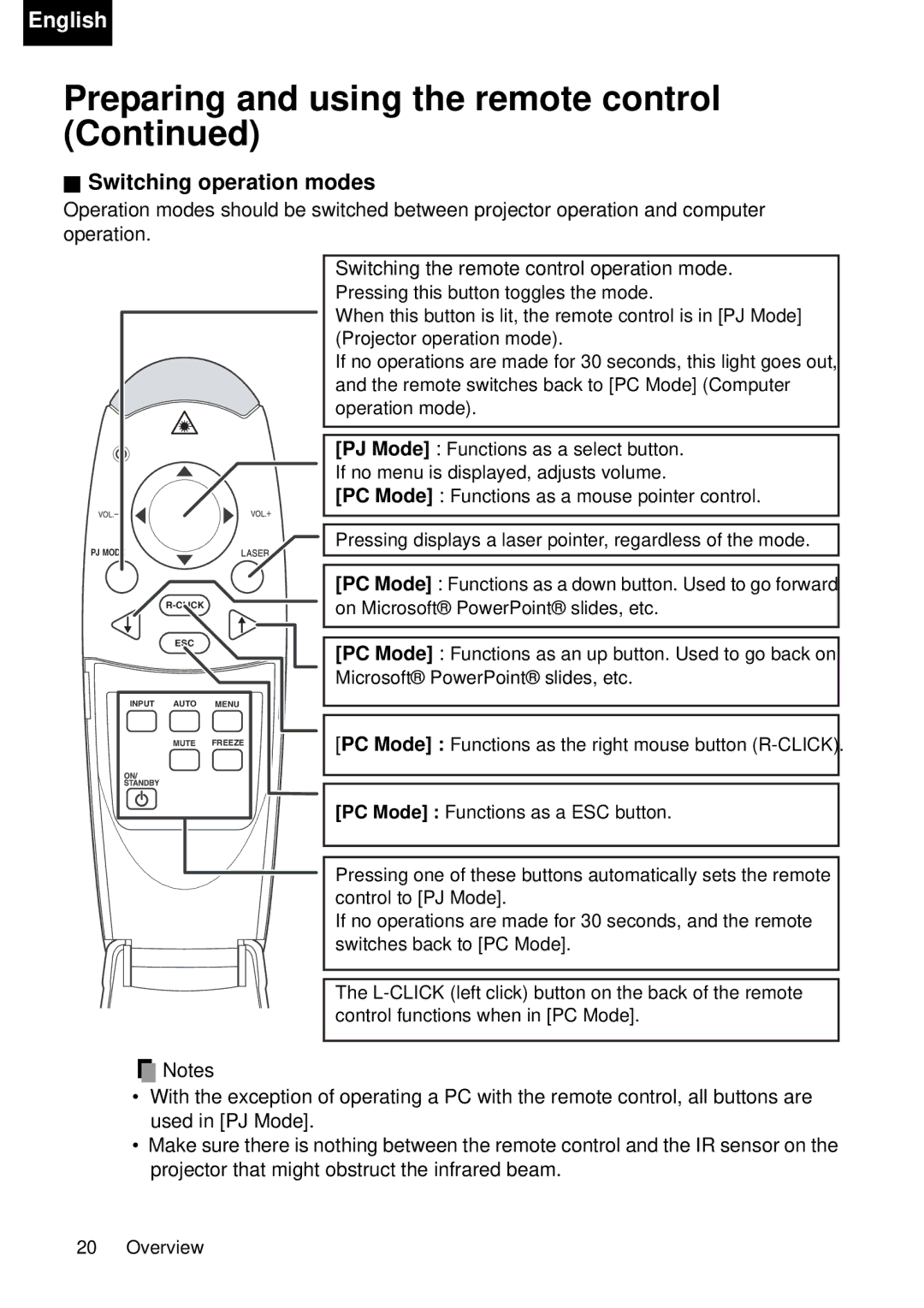 Toshiba TDP-P75 owner manual Switching operation modes 