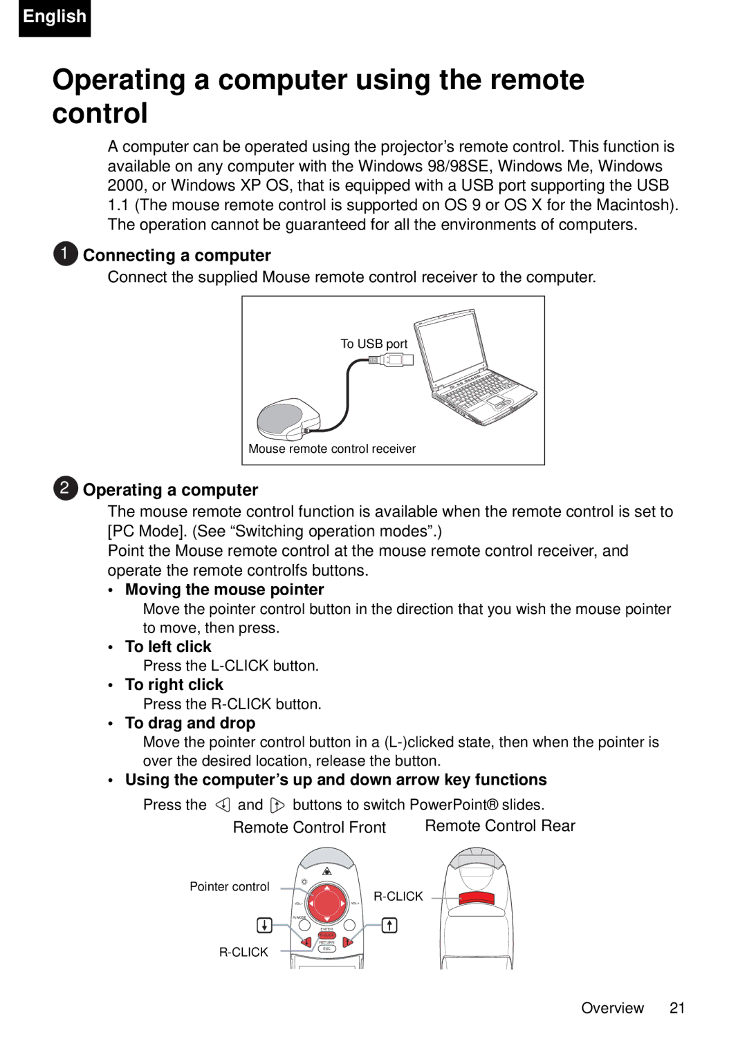 Toshiba TDP-P75 owner manual Operating a computer using the remote control, Connecting a computer 