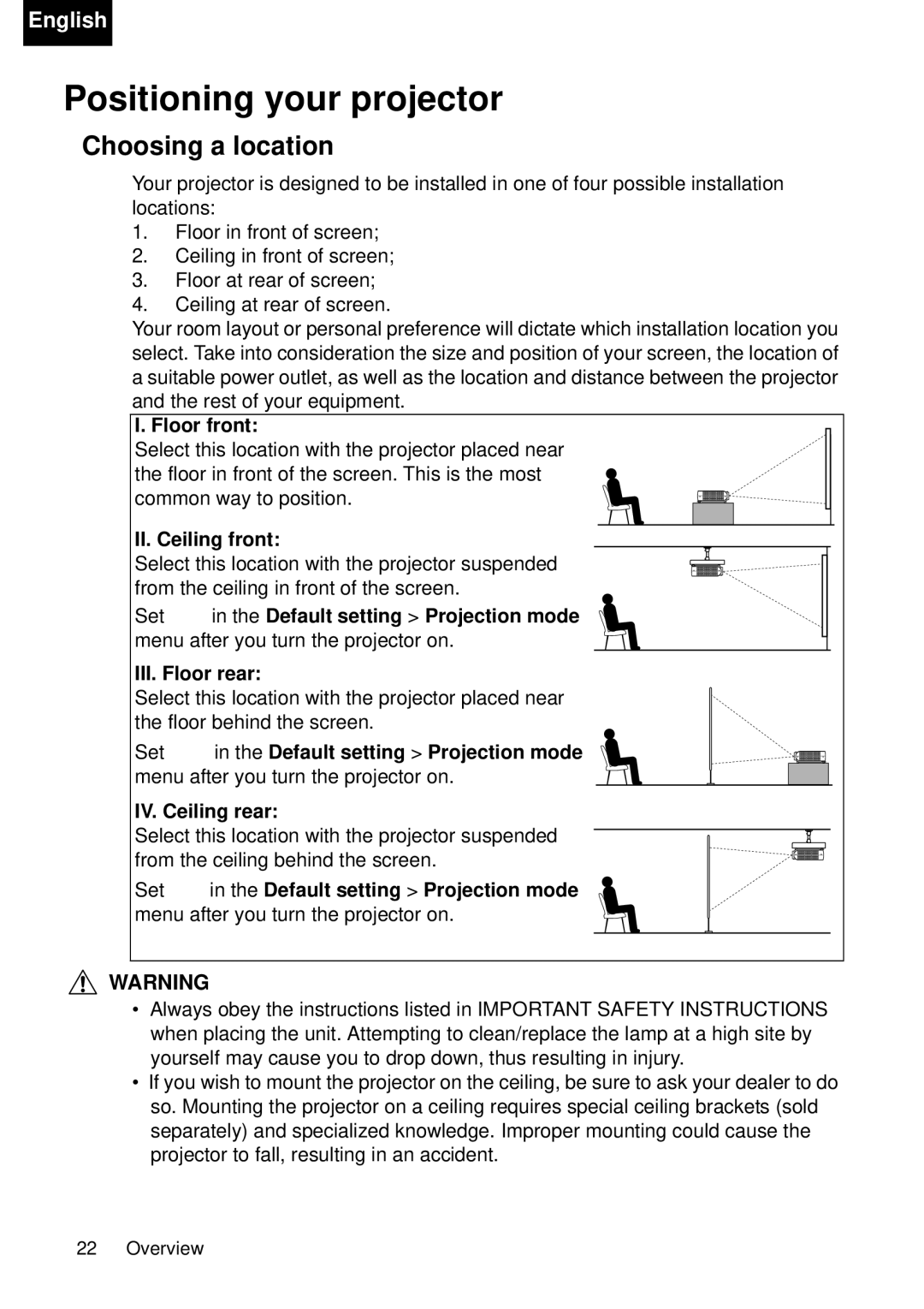 Toshiba TDP-P75 owner manual Positioning your projector, Choosing a location, Floor front, II. Ceiling front 