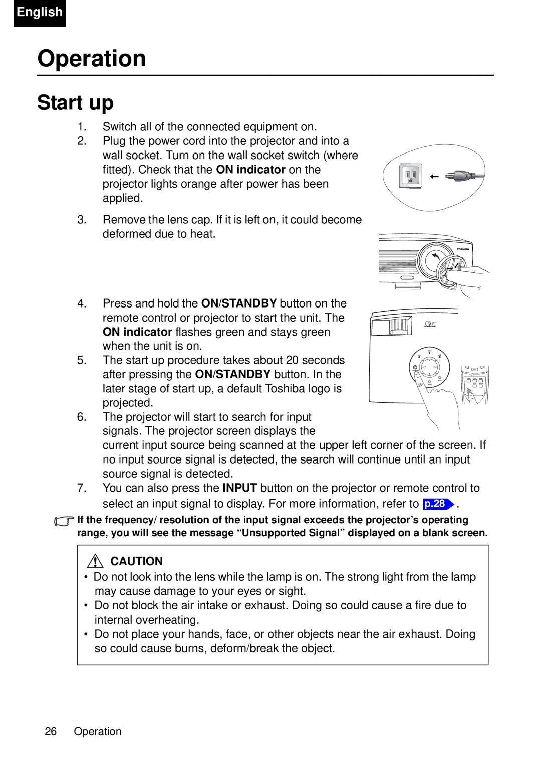 Toshiba TDP-P75 owner manual Operation, Start up 