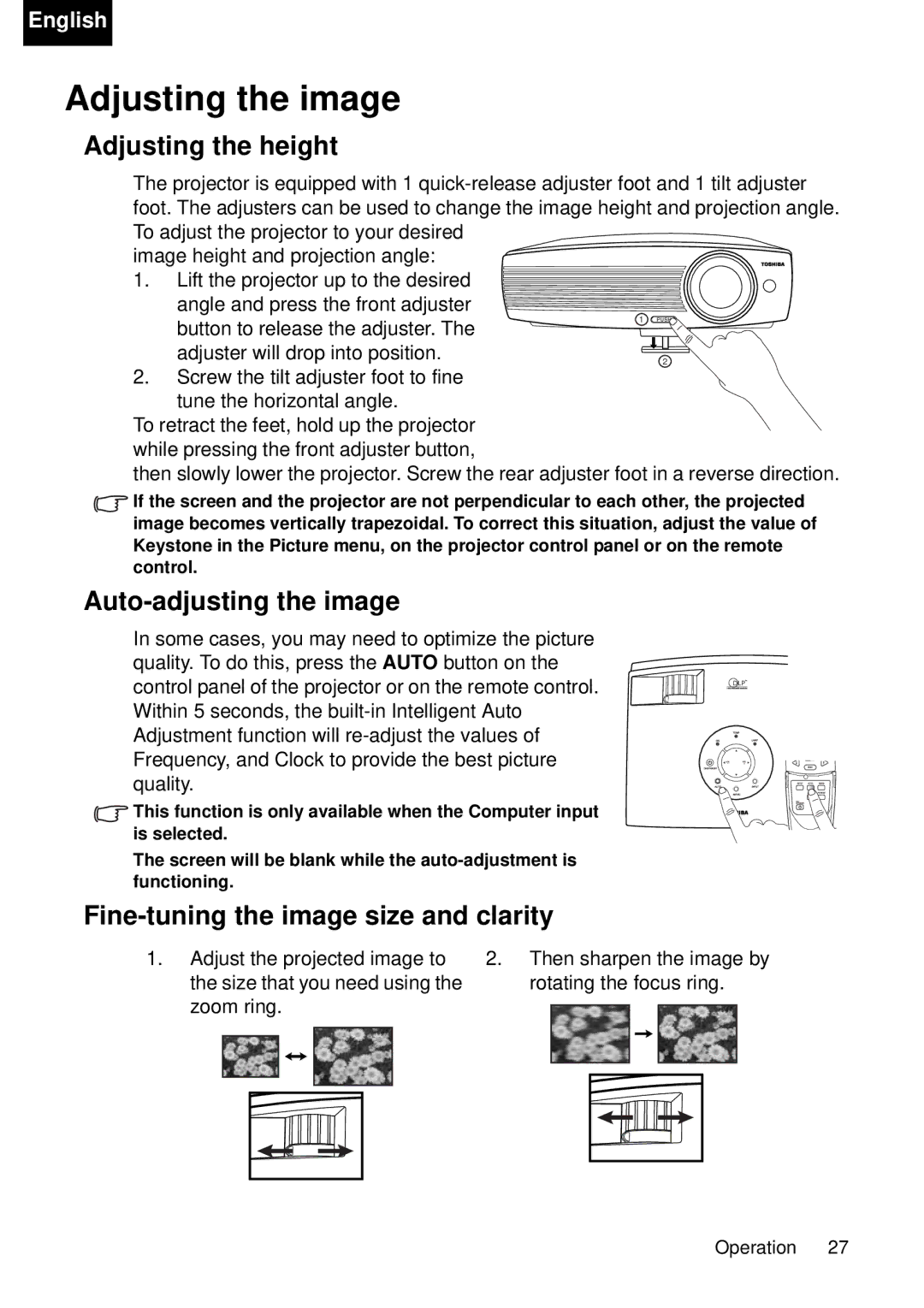 Toshiba TDP-P75 owner manual Adjusting the image, Adjusting the height, Auto-adjusting the image 