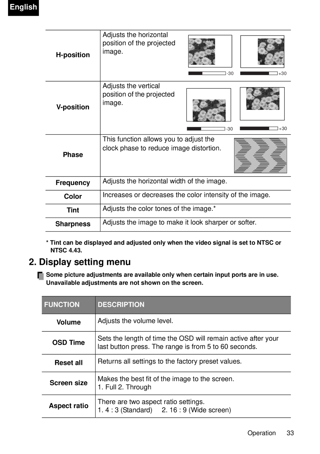 Toshiba TDP-P75 owner manual Display setting menu 