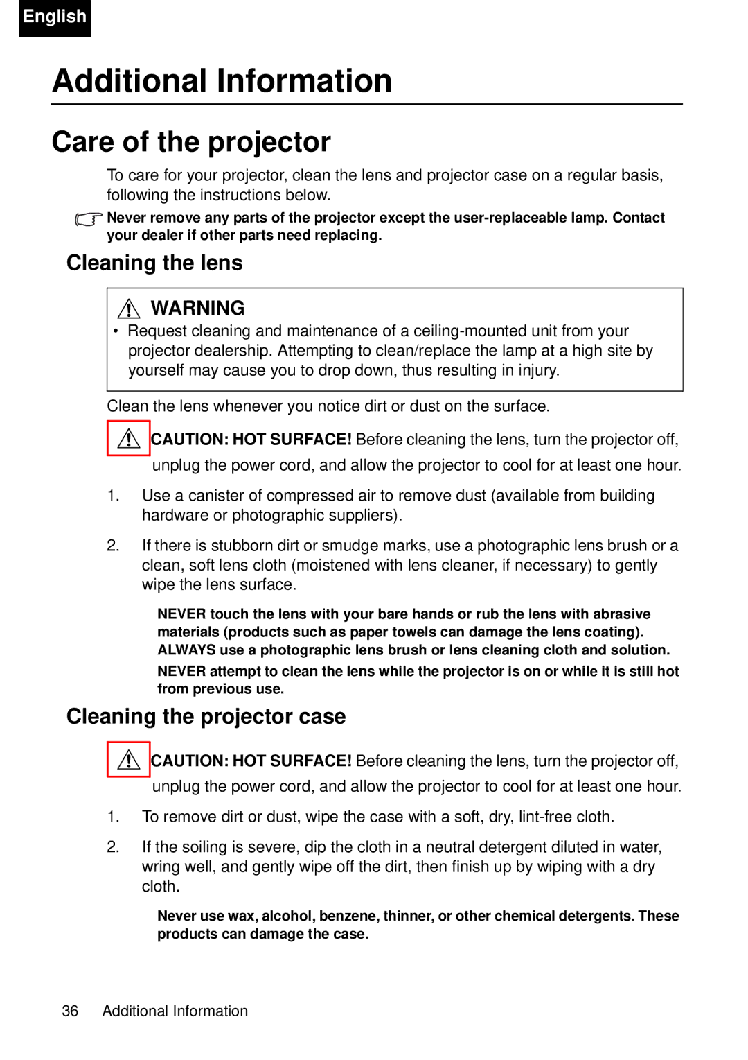 Toshiba TDP-P75 owner manual Additional Information, Care of the projector, Cleaning the lens, Cleaning the projector case 