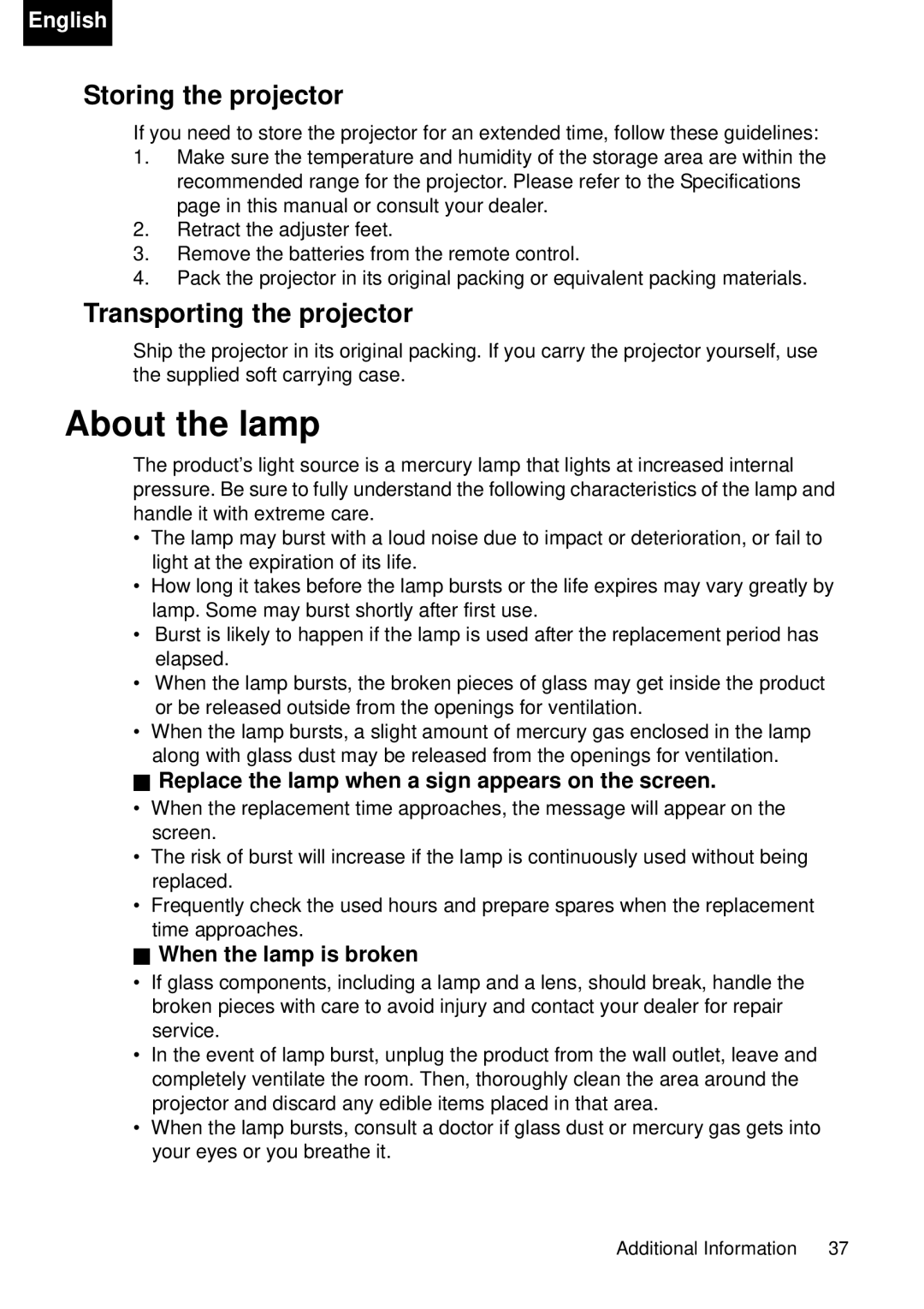 Toshiba TDP-P75 owner manual About the lamp, Storing the projector, Transporting the projector, When the lamp is broken 