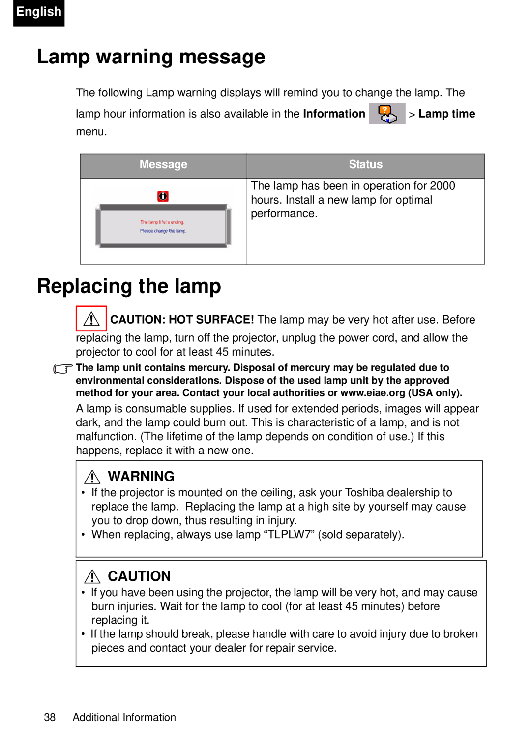 Toshiba TDP-P75 owner manual Lamp warning message, Replacing the lamp 