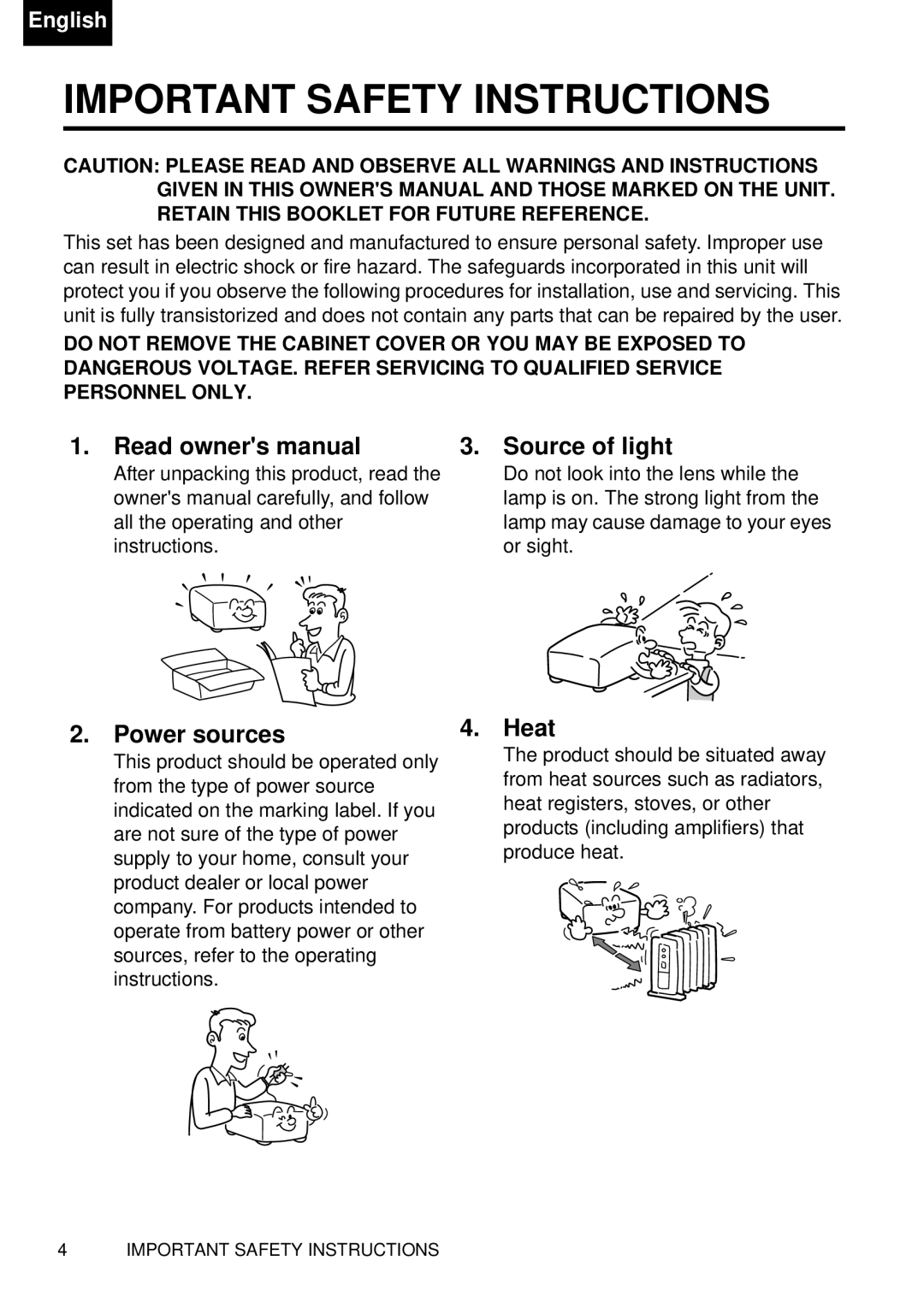 Toshiba TDP-P75 owner manual Important Safety Instructions, Source of light, Power sources, Heat 