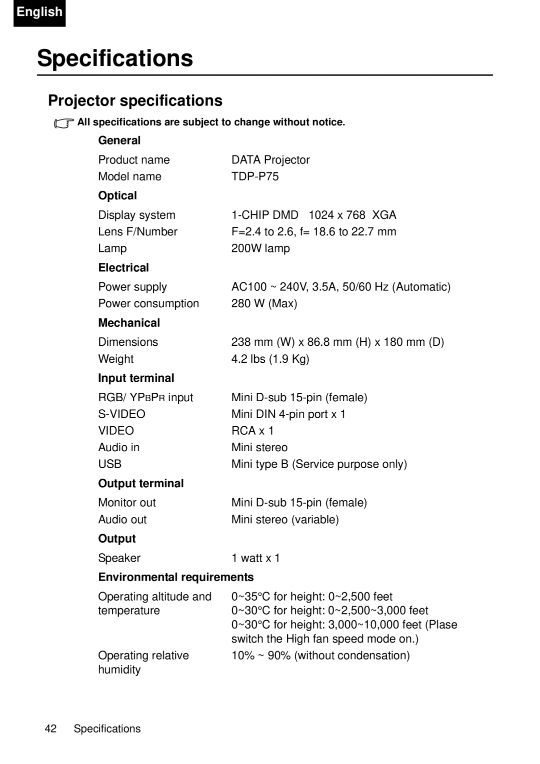 Toshiba TDP-P75 owner manual Specifications, Projector specifications 