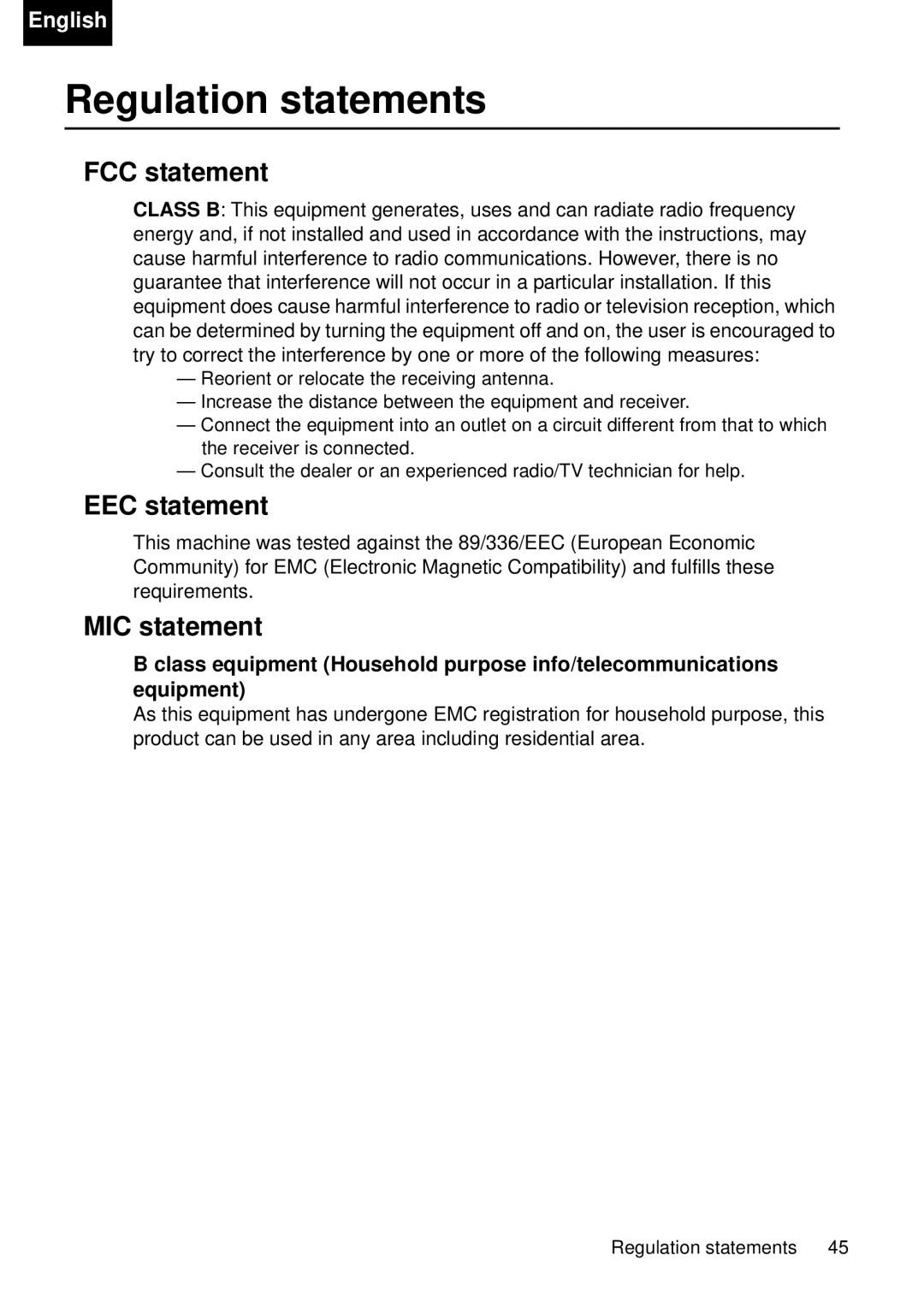 Toshiba TDP-P75 owner manual Regulation statements, FCC statement, EEC statement, MIC statement 