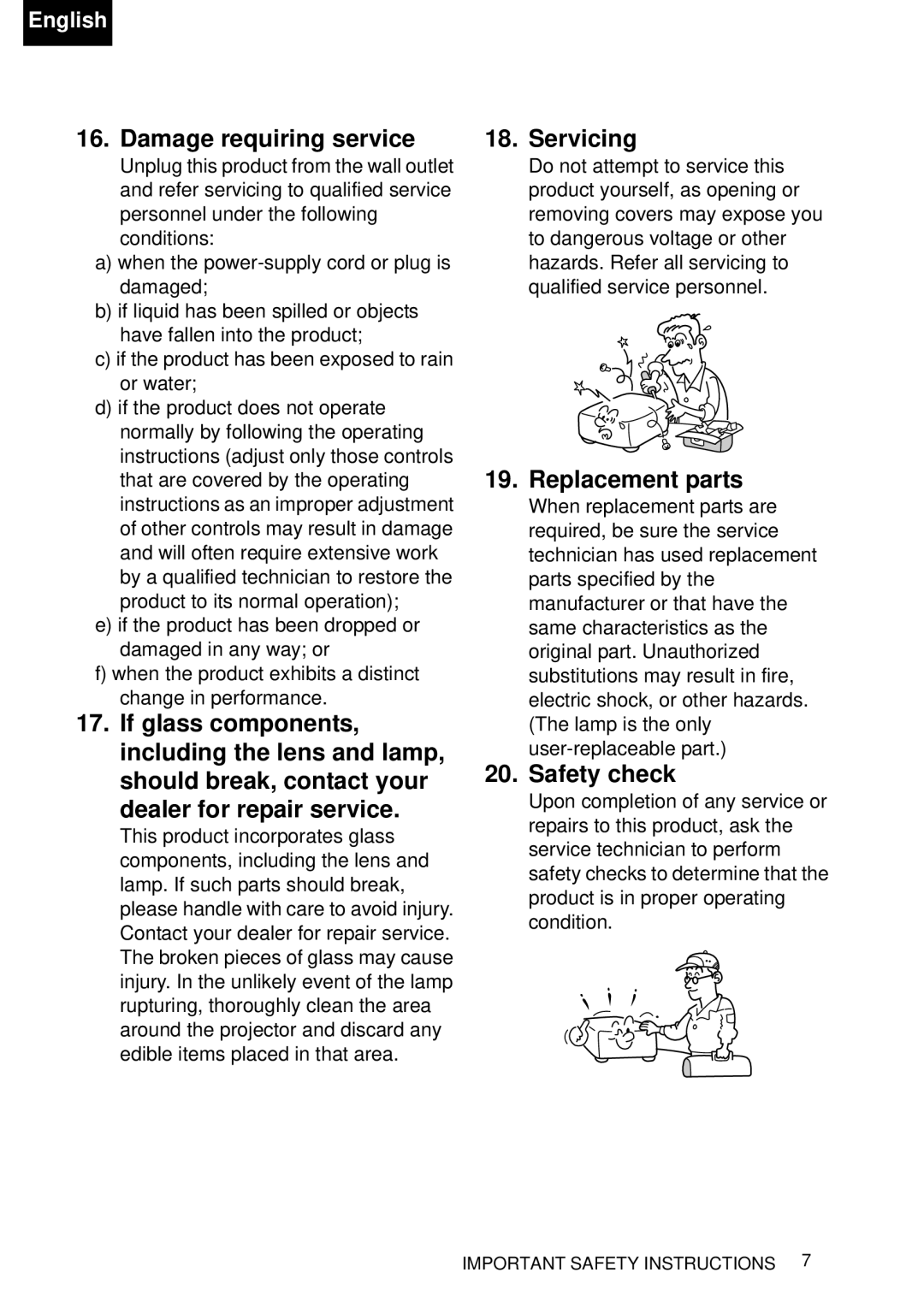 Toshiba TDP-P75 owner manual Damage requiring service, Servicing, Replacement parts, Safety check 