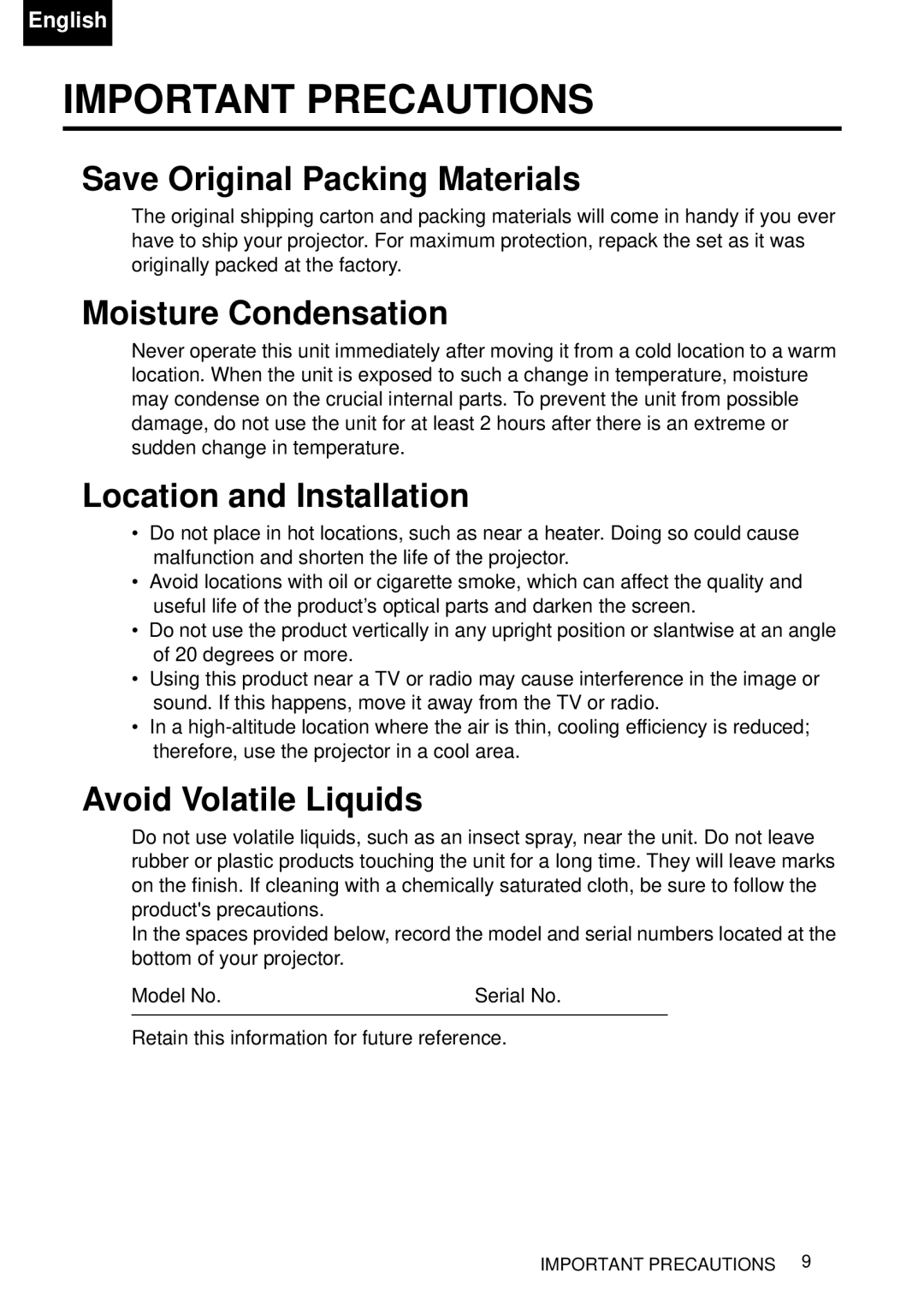 Toshiba TDP-P75 owner manual Important Precautions, Save Original Packing Materials 