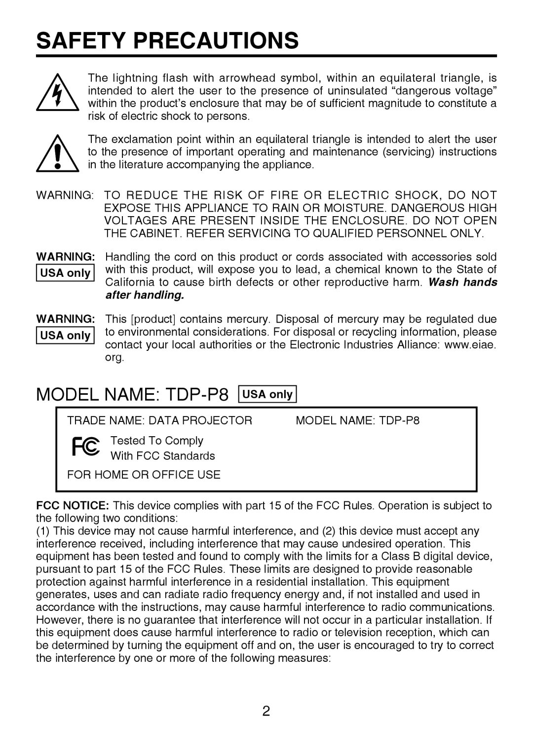 Toshiba TDP-P8 manual Safety Precautions, Model Name TDP- P8 USA only 