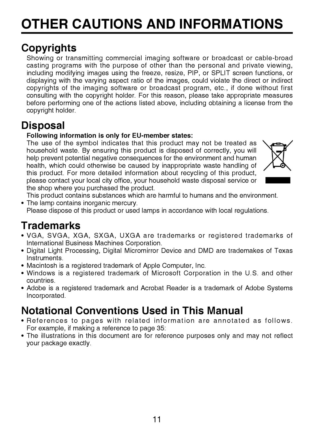 Toshiba TDP-P8 manual Other Cautions and Informations, Copyrights, Disposal, Trademarks 